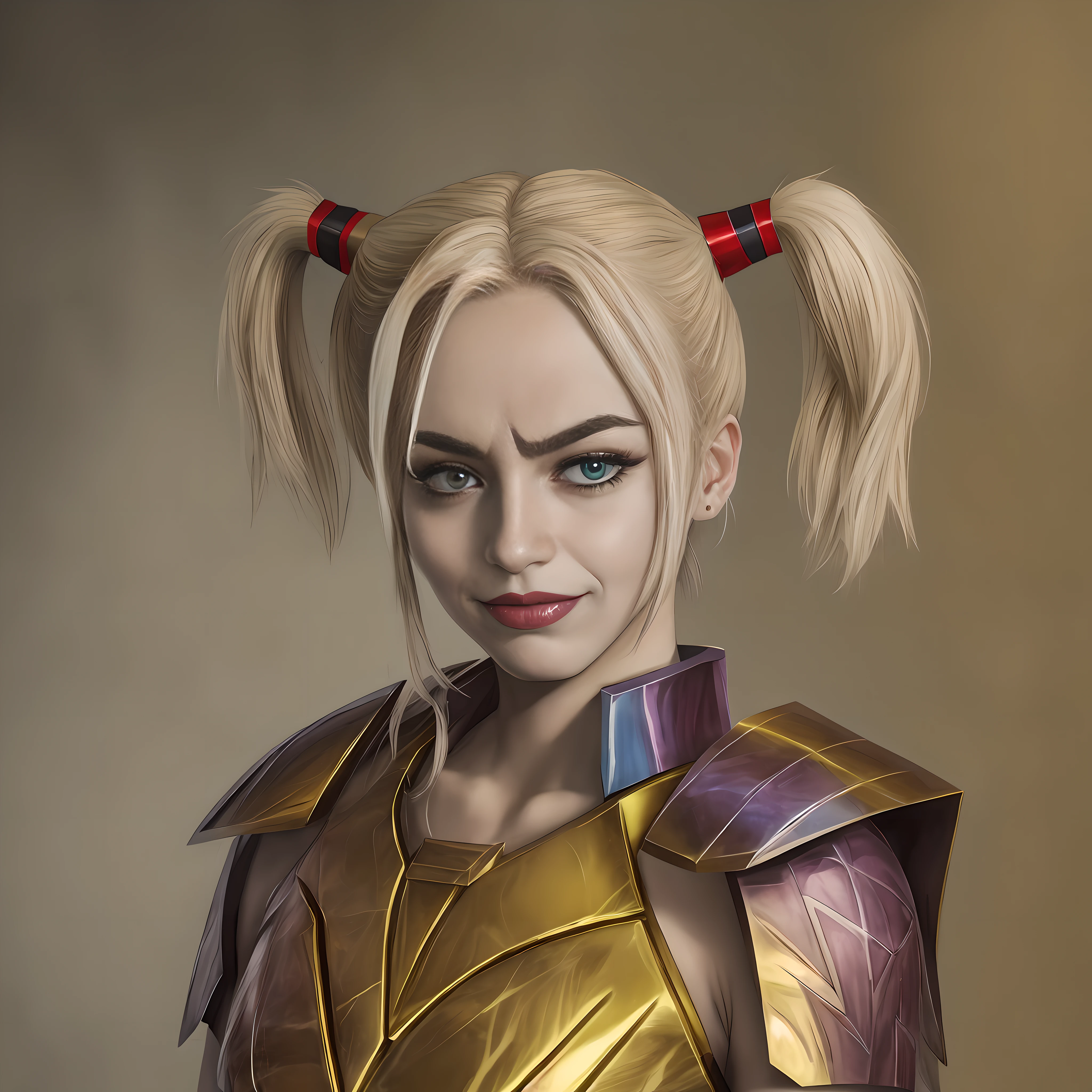 Harley Quinn with symmetrical baby face, with smooth porcelain skin with geometrically symmetrical armor of a golden knight from the anime Saint Seiya.