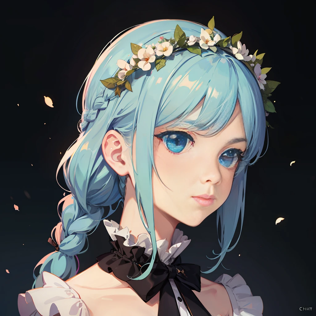 black hair, light blue hair, french braid, ribbon, head wreath, heterochromia, scowl, Surrealism, anime, Gothic art, chiaroscuro, 8k, 16k, anatomically correct, high details