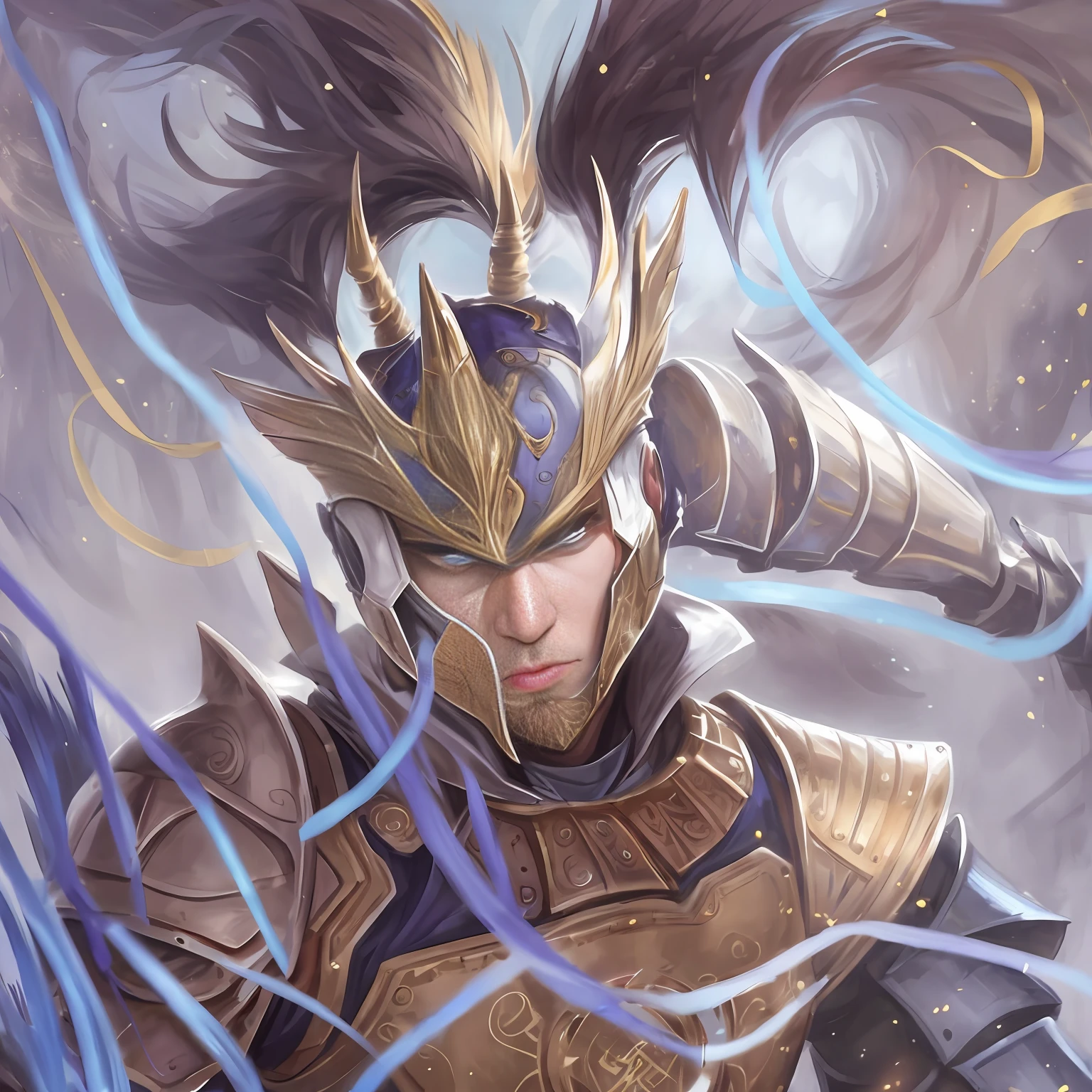 Gold armor The face of the character is delicate, the facial features are delicate, and the eyes have streamers
