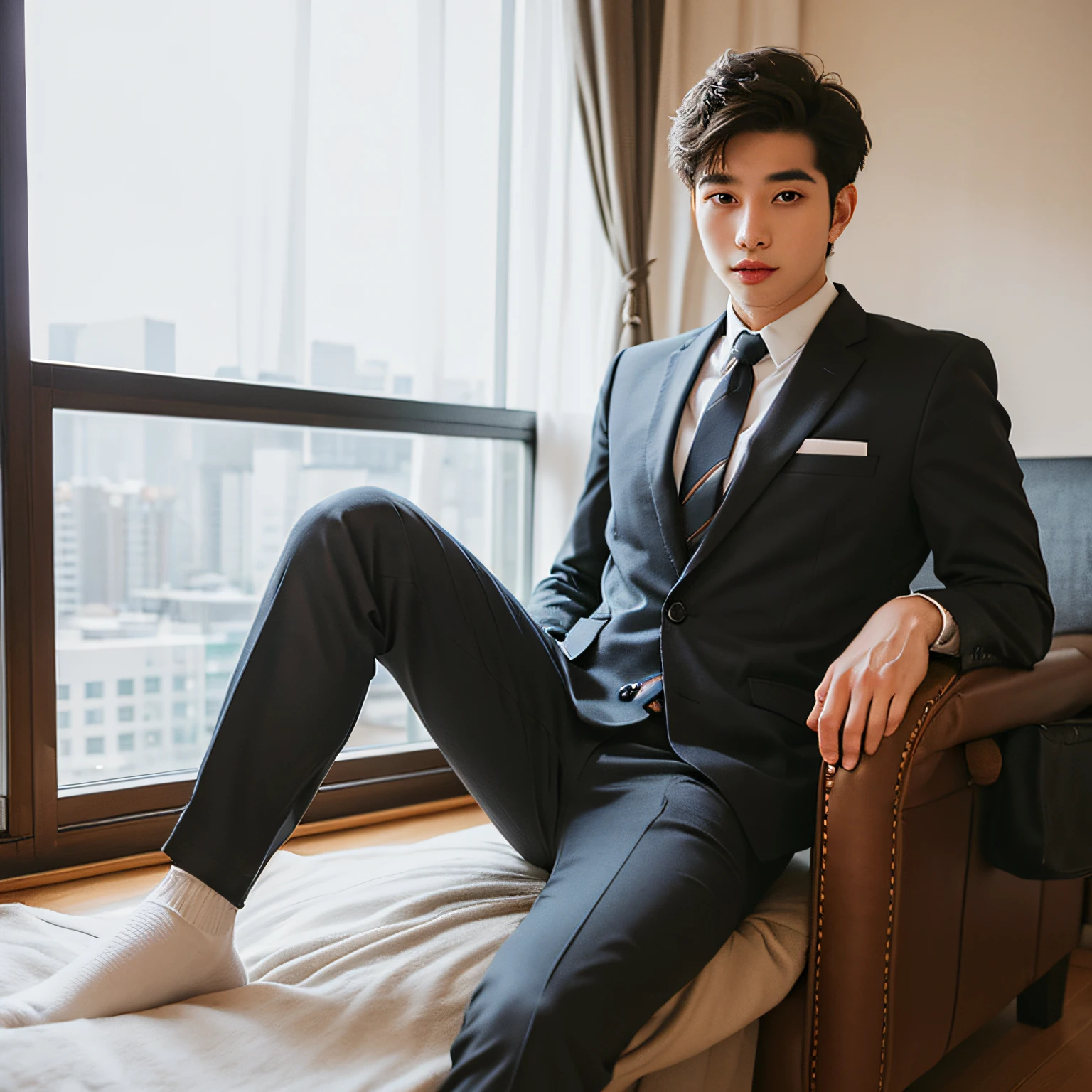 25 years old handsome guy,No beard,lounge suit,inside in room,Lower body photo,Black sock feet exposed,年轻,high qulity,softlighting --auto