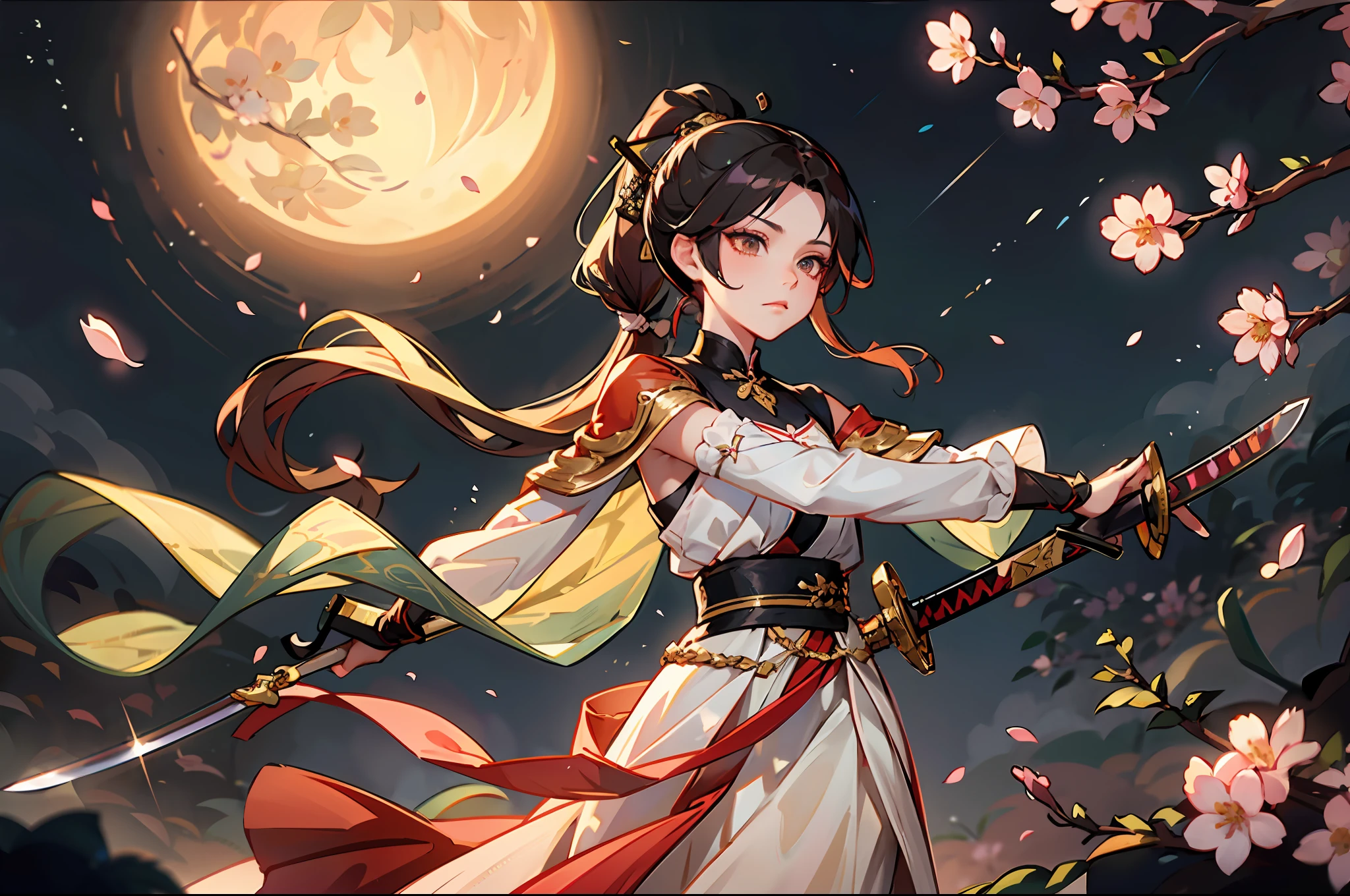 The King of Swords，Female swordsman，Long ponytail，Dressed in white，cherry blossom scattering，Full moon night，ultra - detailed，wielding longsword，looking at the distance，Eyes resolute