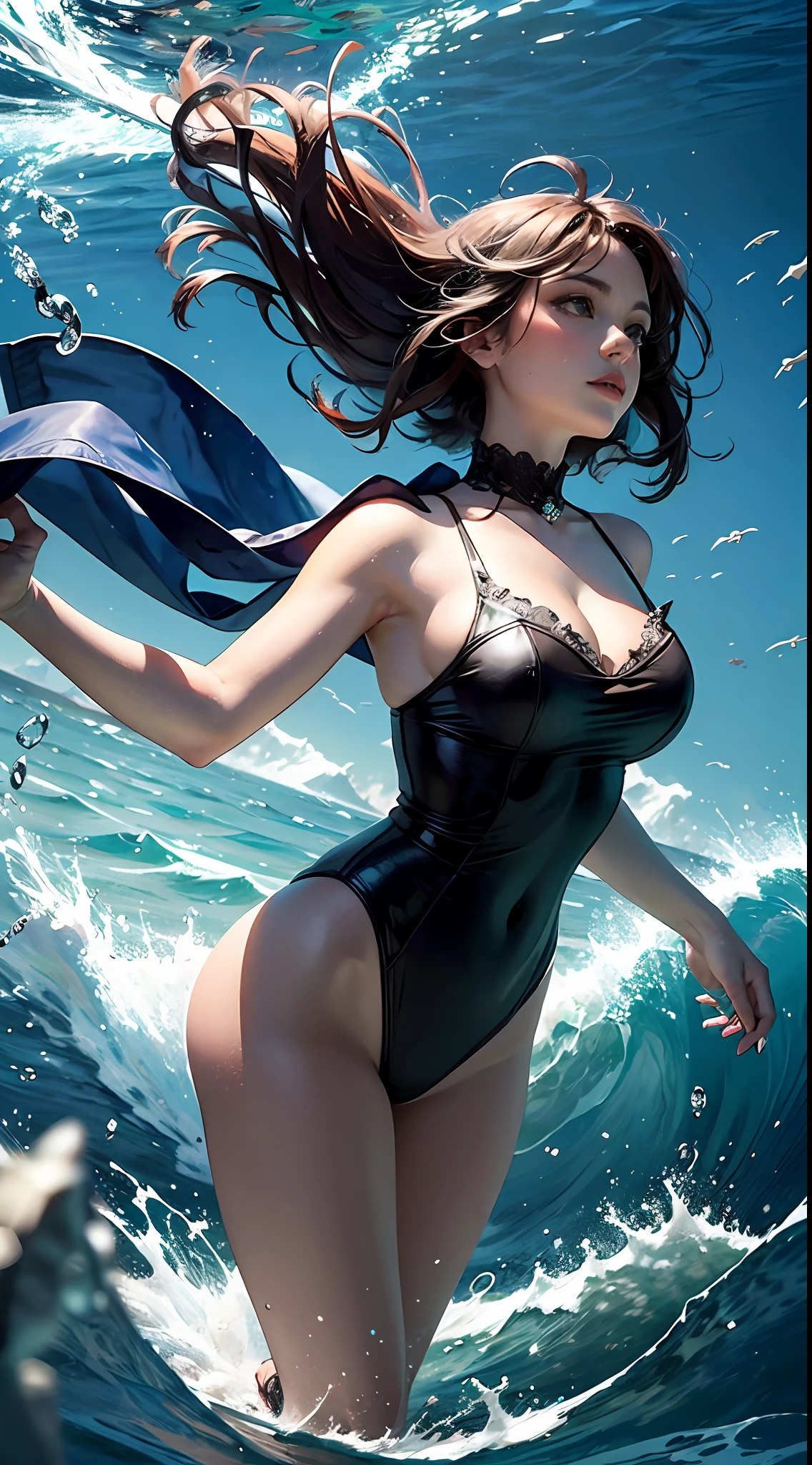 Marc Chagall, Claude Monet, Oil Painting, Dynamic Pose, Cinematic Angle, Beautuful Women, crystal hair, make noise, Waves blow, Under the deep sea, The ultra -The high-definition