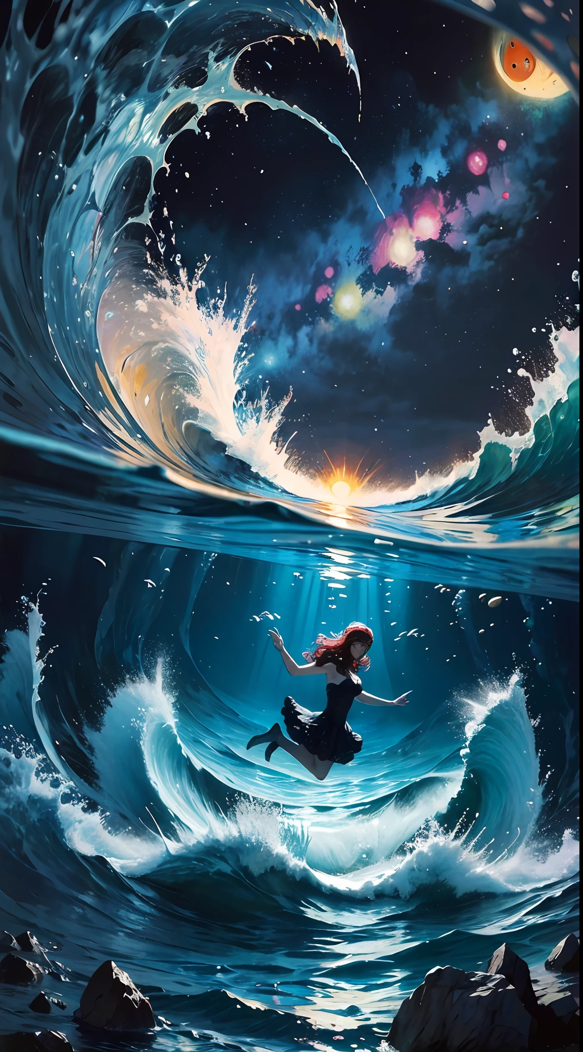 Marc Chagall, Claude Monet, Oil Painting, Dynamic Pose, Cinematic Angle, Beautuful Women, crystal hair, make noise, Waves blow, Under the deep sea, The ultra -The high-definition