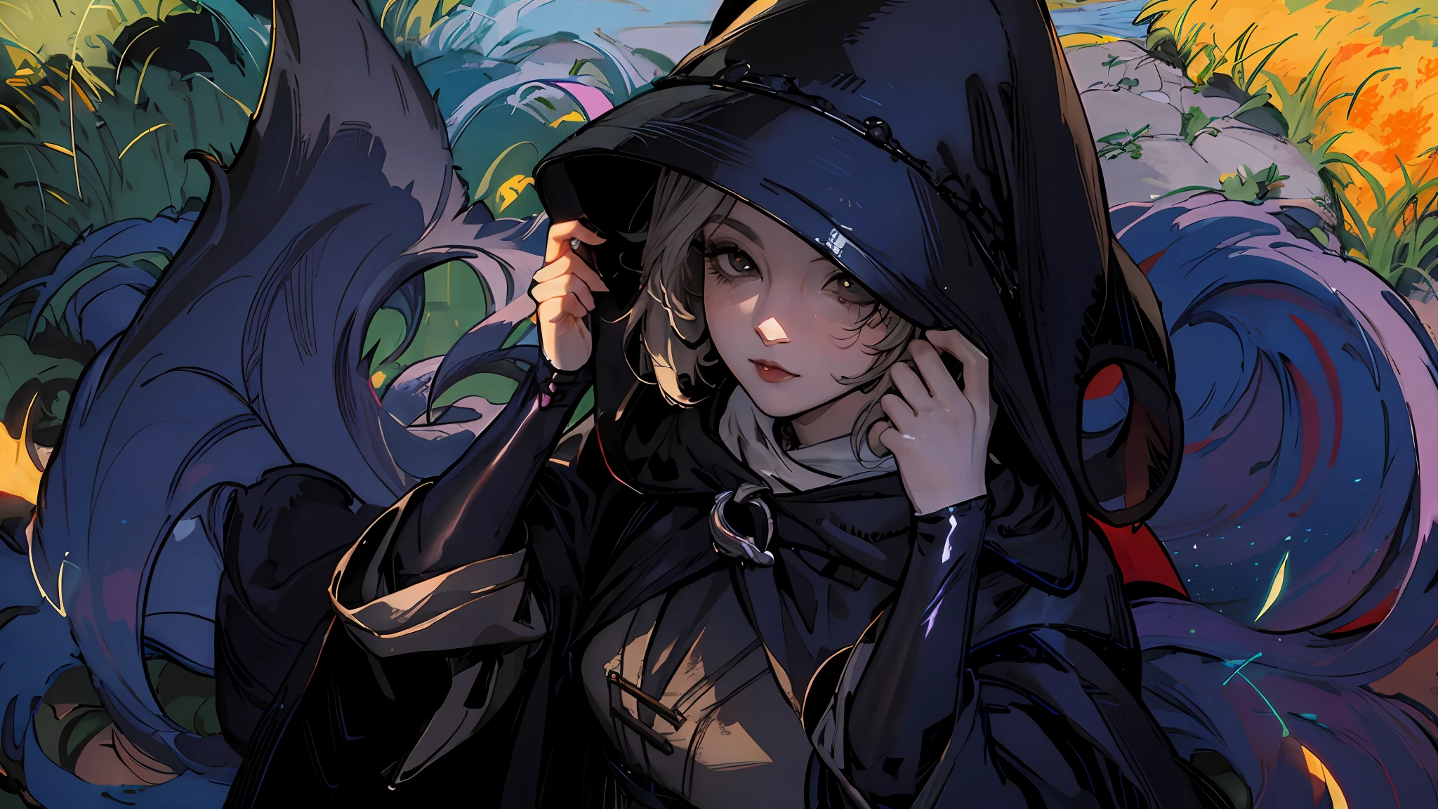 Melina wears a black cloak and hat，Wearing a black hat, Guviz-style artwork, zerochan art, Detailed digital anime art, Guweiz in Pixiv ArtStation, Guweiz on ArtStation Pixiv, Guviz, Digital anime illustration, trending on artstation pixiv, portrait of a female mage, Digital art on Pixiv