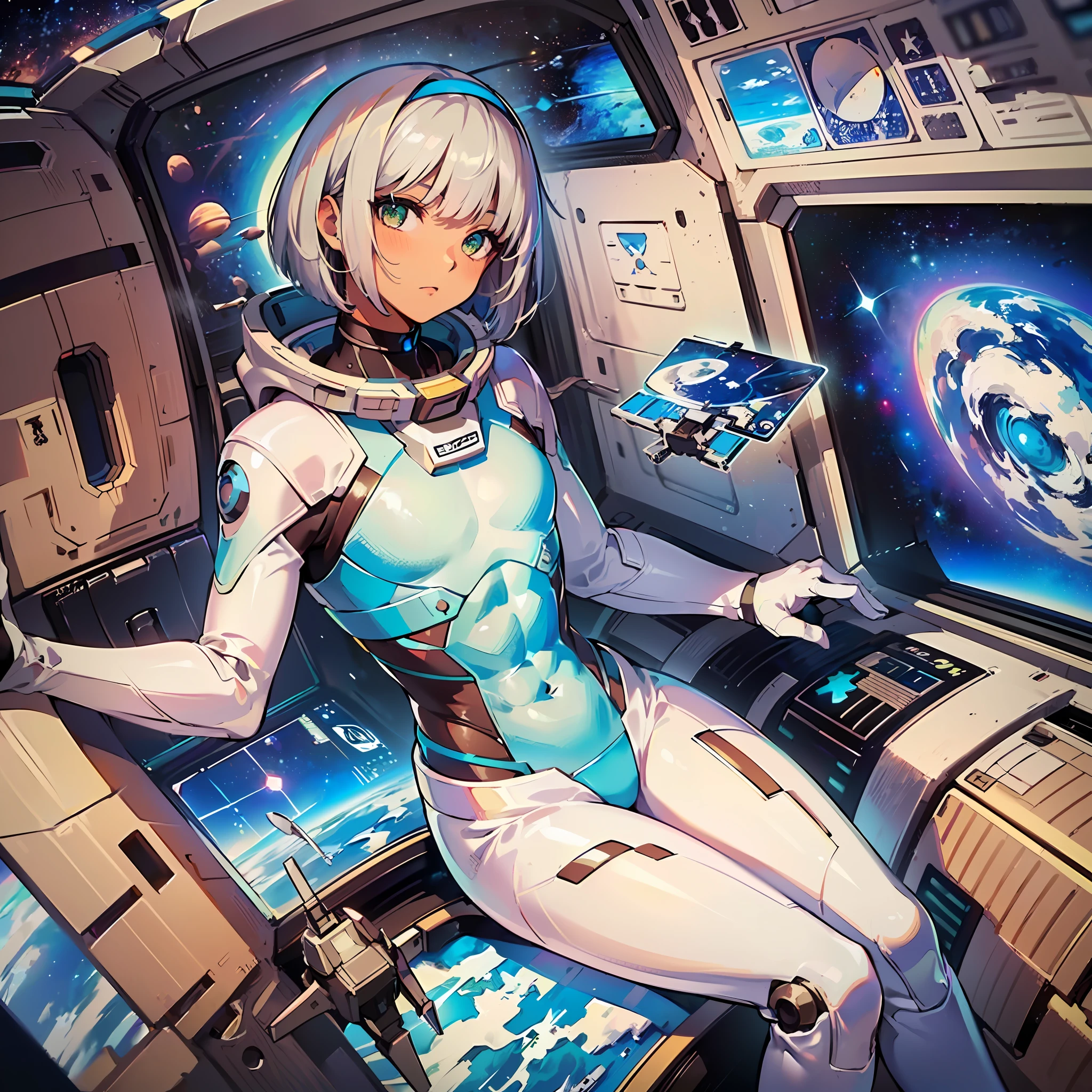 ((Masterpiece)), ((Best Quality)), ((Best Quality)), (Illustration of One Boy), Full Body, ((Bishonen)), (Man's Daughter), (Neutral), (((Silver Hair Bob Cut)), Hair Band, Green Eyes, (((Brown Skin)), (Toned Body), Abs, ((White Pilot Suit)), ((Inside the Spaceship)), (Outside the Window, Space, Earth from Space, Spaceport)