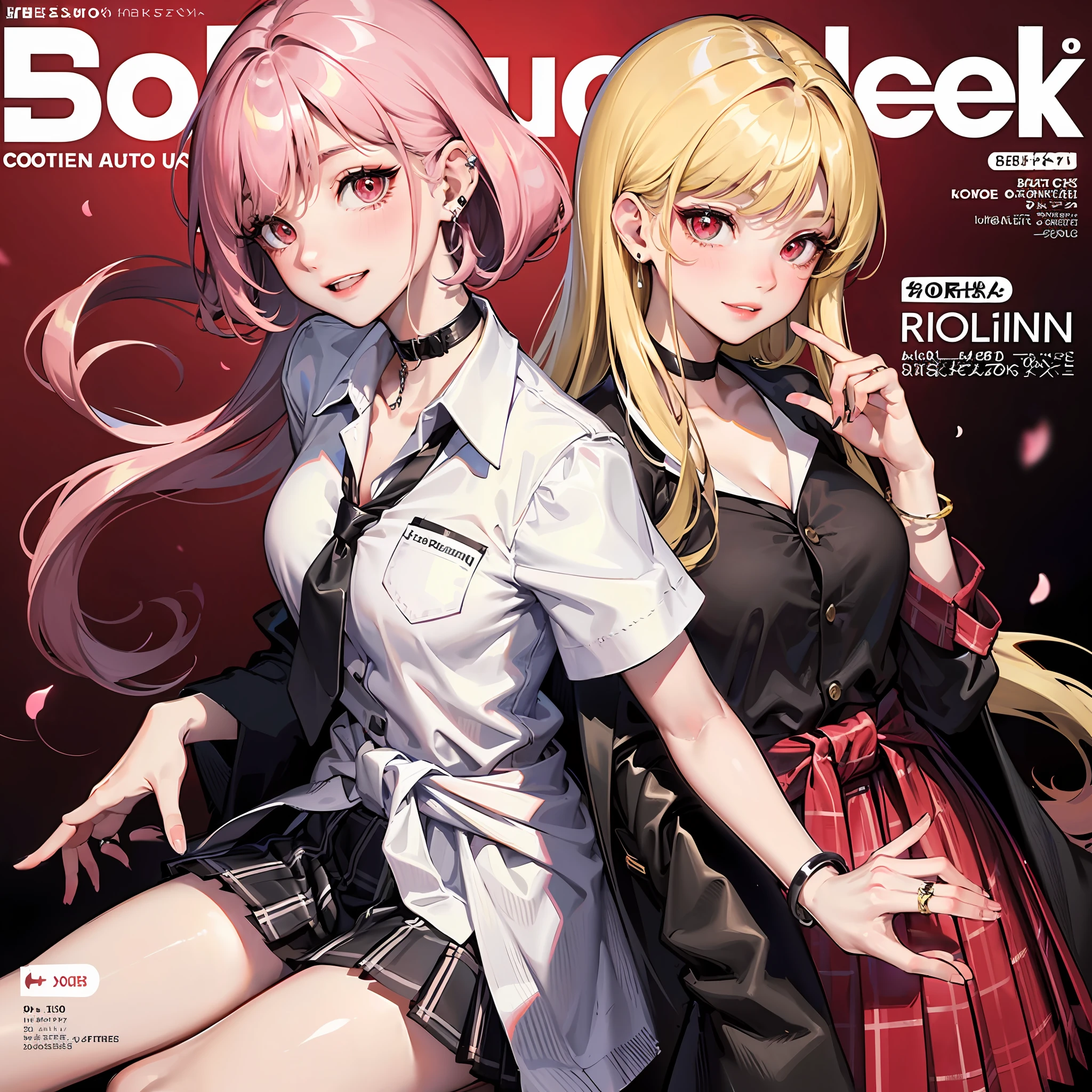 masterpiece, best quality, full body, 1girl, bangs, black choker, black necktie, blonde hair, blue skirt, blush, bracelet, breasts, choker, clothes around waist, collarbone, collared shirt, cowboy shot, dress shirt, ear piercing, eyebrows visible through hair, gradient hair, grin, gyaru, jewelry, kogal, long hair, looking at viewer, loose necktie, necktie, piercing, plaid, plaid skirt, pleated skirt, red eyes, ring, school uniform, shirt, skirt, smile, solo, white shirt, street, sky, cherry blossoms, petals,illustration, (magazine:1.3), (cover-style:1.3), fashionable, woman, vibrant, outfit, posing, front, colorful, dynamic, background, elements, confident, expression, holding, statement, accessory, majestic, coiled, around, touch, scene, text, cover, bold, attention-grabbing, title, stylish, font, catchy, headline, larger, striking, modern, trendy, focus, fashion, --auto