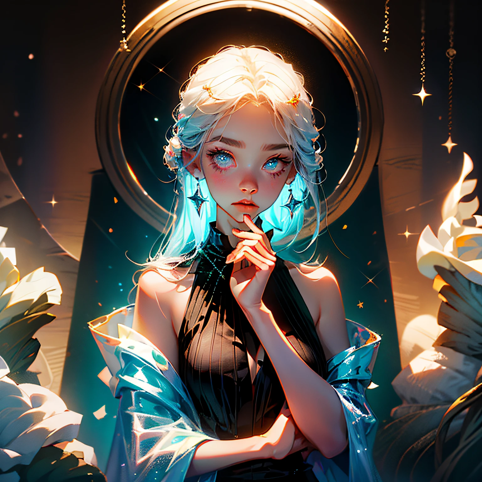 Masterpiece, best quality, super high resolution, fluorescent color,
1 girl, looking at the audience, beautiful face, beautiful eyes, (bare shoulder: 1.2), head up, upper body, forest, shiny hair, shiny skin, glowing cut, chibi, hands not shown: 1.5, black starlight dress, particles --auto