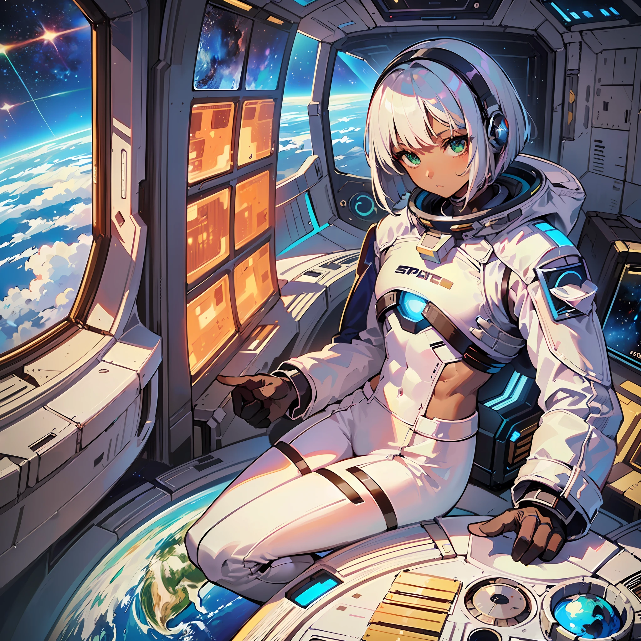 ((Masterpiece)), ((Best Quality)), ((Best Quality)), (Illustration of One Boy), Full Body, ((Bishonen)), (Man's Daughter), (Neutral), (((Silver Hair Bob Cut)), Hair Band, Green Eyes, (((Brown Skin)), (Toned Body), Abs, ((White Pilot Suit)), ((Inside the Spaceship)), (Outside the Window, Space, Earth from Space, Spaceport)