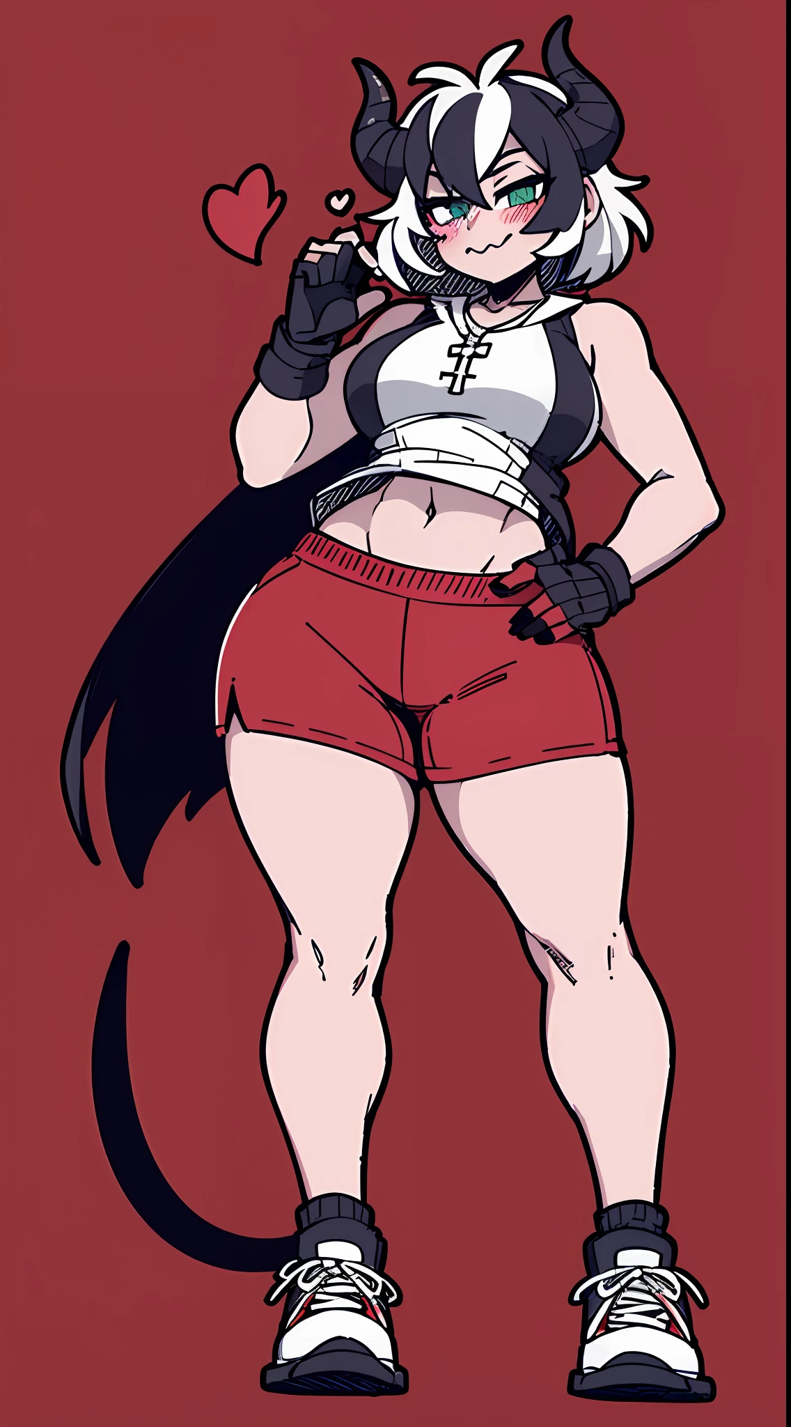 1girl, solo, height difference, sleeveless hoodie, black fingerless gloves, breasts, wide hips, blush, blushing, thick thighs, night, cross necklace, heart eyes, full body shot, horns on head, demon tail, black white and red outfit, red black and white background colors, white hair, tomboy, short hair, smiling, sneakers, running shoes, booty shorts, exposed thigh, exposed calves, green eyes, black hair, viewing from below, thick thighs, shortstack, knee socks, exposed stomach, visible underwear,