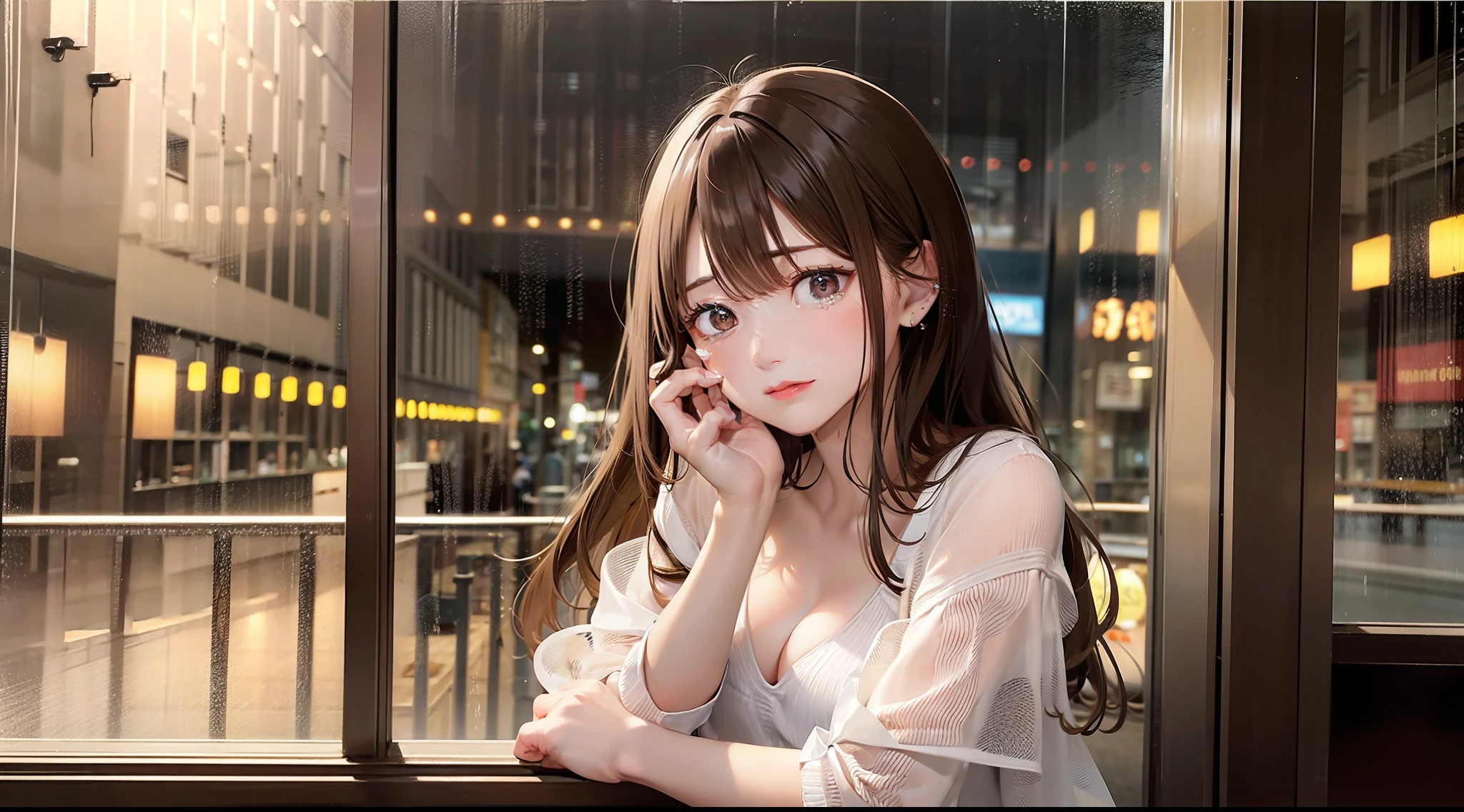 (8K, Best quality, Masterpiece:1.2), Super detailed, One girl,Cute, Solo,,Beautiful Woman with Perfect Style: 1.4,((Dark brown hair, Big:1.2)), Very detailed face and skin texture, Detailed eyes, Double eyelids, cleavage, Light clothing, realistic and photogenic image quality, late night diner, America, wistful beautiful girl, Stand outside, feeling heartache, Trying to hold a glass of whiskey, liquor, Bar, rain, view of city from café window, deep in the night, Night, dark outside, Dim, the street lights, rain, window glass wet, lonely country town, old america, Countryside, eyes out the window, not looking at the front, Looking out the window, Sad expression, Countryside, tears spilling out, pulling composition, Wooden