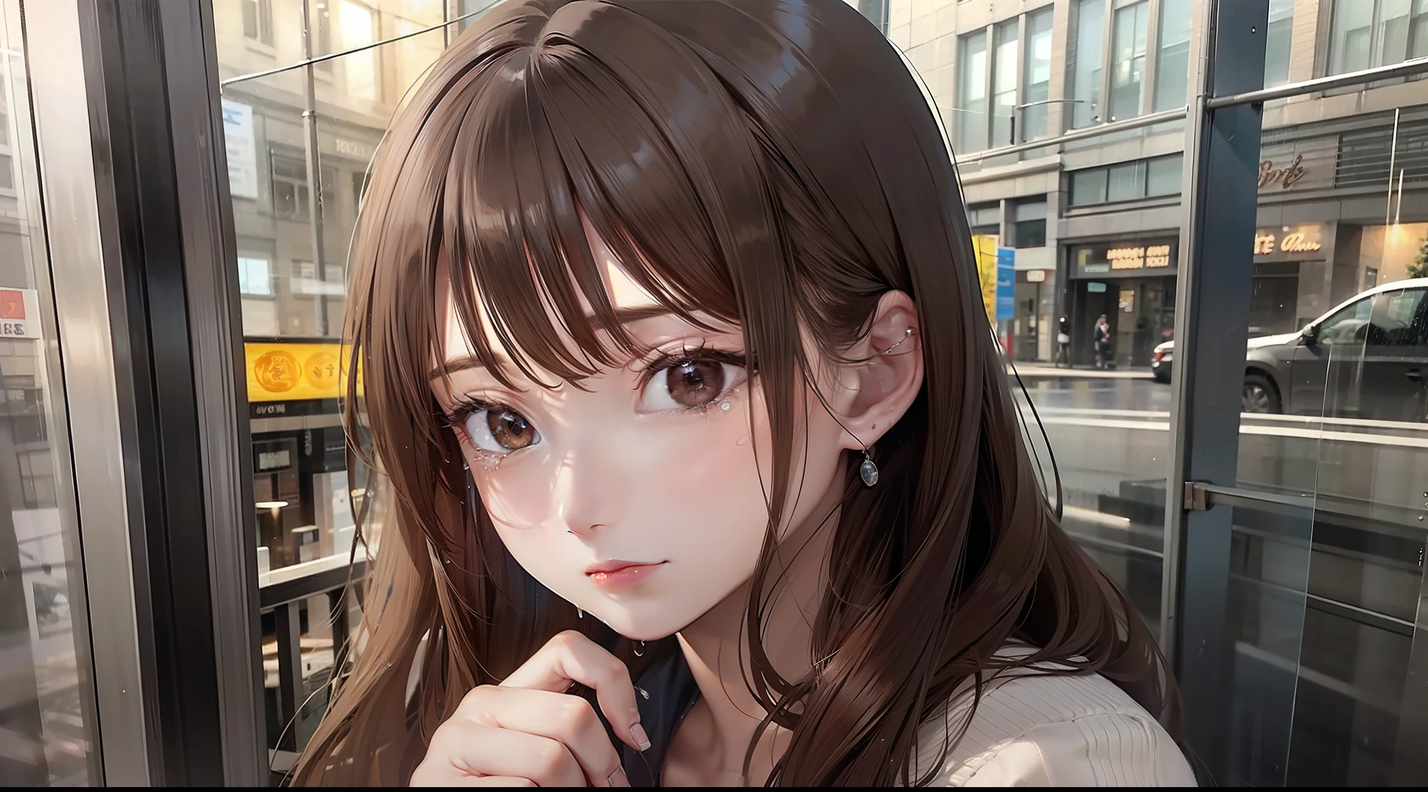 (8K, Best quality, Masterpiece:1.2), Super detailed, One girl,Cute, Solo,,Beautiful Woman with Perfect Style: 1.4,((Dark brown hair, Big:1.2)), Very detailed face and skin texture, Detailed eyes, Double eyelids, cleavage, Light clothing, realistic and photogenic image quality, late night diner, America, wistful beautiful girl, Stand outside, feeling heartache, Trying to hold a glass of whiskey, liquor, Bar, rain, view of city from café window, deep in the night, Night, dark outside, Dim, the street lights, rain, window glass wet, lonely country town, old america, Countryside, eyes out the window, not looking at the front, Looking out the window, Sad expression, Countryside, tears spilling out, pulling composition, Wooden