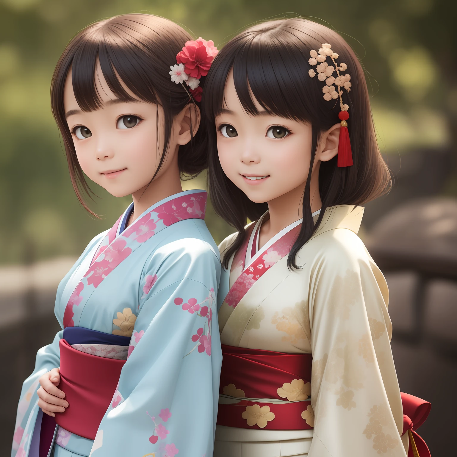 A warm, textured image of a cheerful and animated kimono-wearing young woman, showcasing the vibrant hues of her modern kimono, while her older sister, dressed in a flowing dress, remains as traditional. Their vibrant striped kimono is adorned with delicate embroidery and embellishments, adding a delicate touch to their dynamic ensemble. Soft, shallow depth of field is used to isolate their faces, emphasizing their innocence. wide aperture, shallow depth of field, standard lens, studio ghibli style