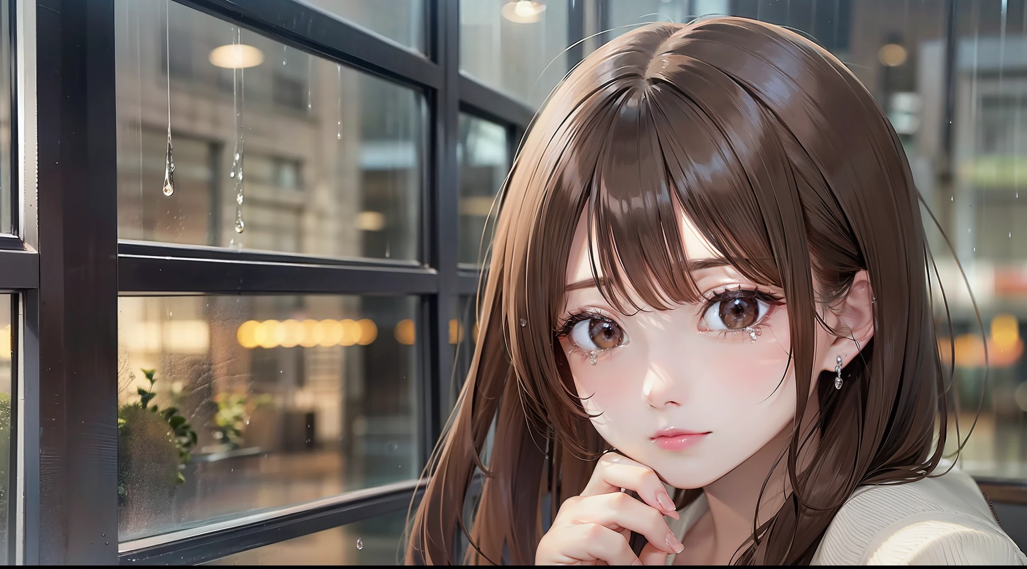 (8K, Best quality, Masterpiece:1.2), Super detailed, One girl,Cute, Solo,,Beautiful Woman with Perfect Style: 1.4,((Dark brown hair, Big:1.2)), Very detailed face and skin texture, Detailed eyes, Double eyelids, cleavage, Light clothing, realistic and photogenic image quality, late night diner, America, wistful beautiful girl, Stand outside, feeling heartache, Trying to hold a glass of whiskey, liquor, Bar, rain, view of city from café window, deep in the night, Night, dark outside, Dim, the street lights, rain, window glass wet, lonely country town, old america, Countryside, eyes out the window, not looking at the front, Looking out the window, Sad expression, Countryside, tears spilling out, pulling composition, Wooden