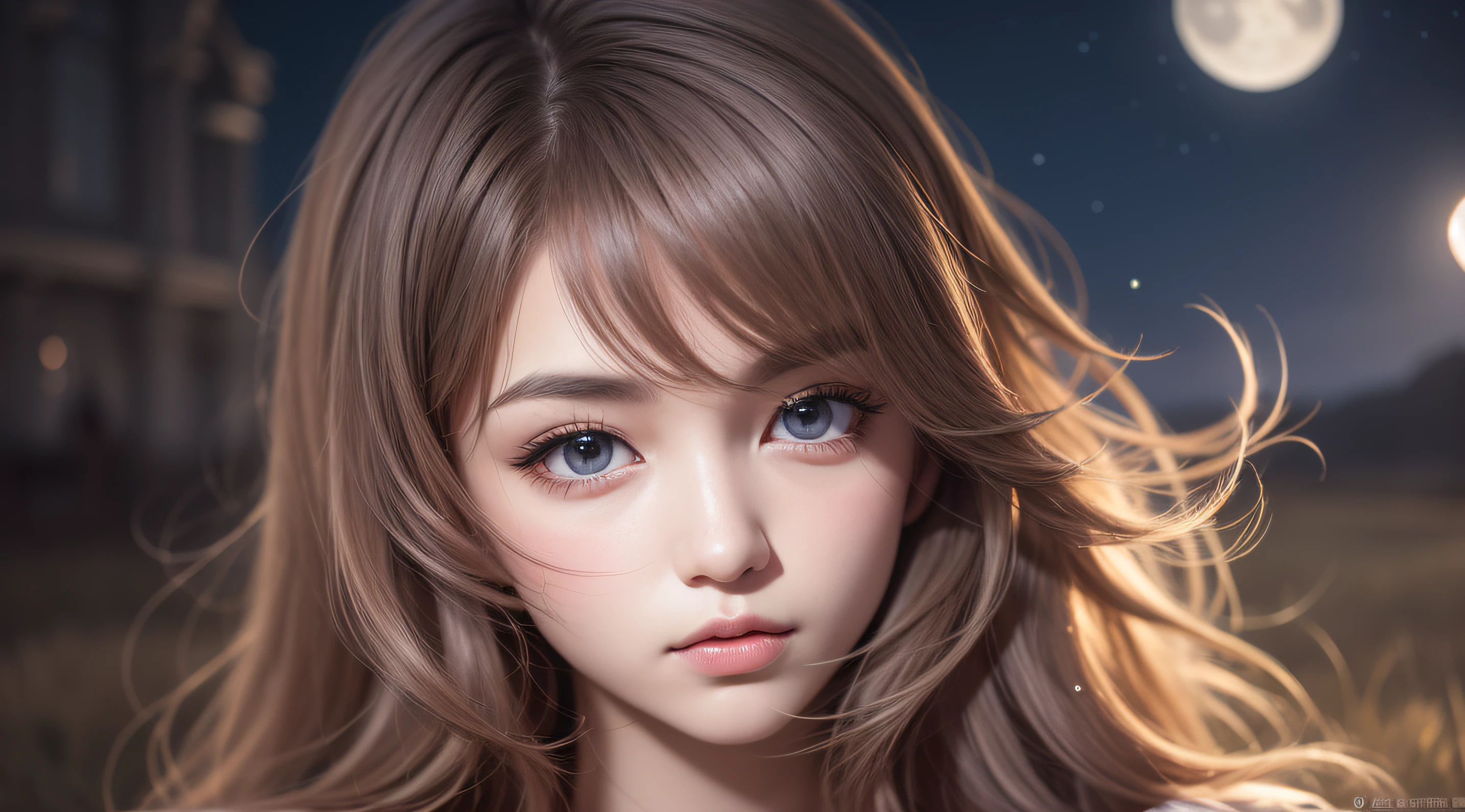 8K,the night,themoon,large grassland,uni,Ultimate detail,1girll,brunette color hair,Elaborate Eyes,二重まぶた,Inverted triangular polygonal type,Delicate skin texture,ultra fine detailed