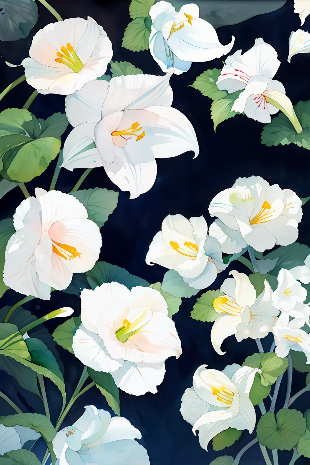 (watercolor:1.2)jasmine，Close-up of large flowers，Small flowers，Grow naturally，White jasmine，tree branch，foliage