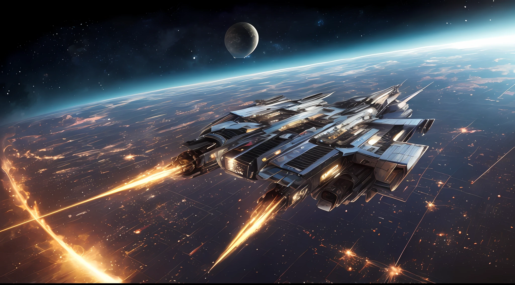 Battlestar Galactica,The future is full of technology,Complex structures,Ultra-detailed graphics,glittery,(Battlestar Galactica has an intense metallic sheen:1.3),Cockpit exterior,Medium close-up and close-up,Silvertone,Streamlined,(Outer space scene:1.3),(Earth background:1.3),rendering by octane,Ultra photo realsisim,hyper realisitc,A masterpiece of science fiction,Cinematic texture,hyper photorealism,Premium wallpapers,Master masterpieces,offical wallpaper.(Screen Living:1.3),(cross-section:1.3),Red and blue missiles:1.3,Still shooting(Sharply defined:1.3)