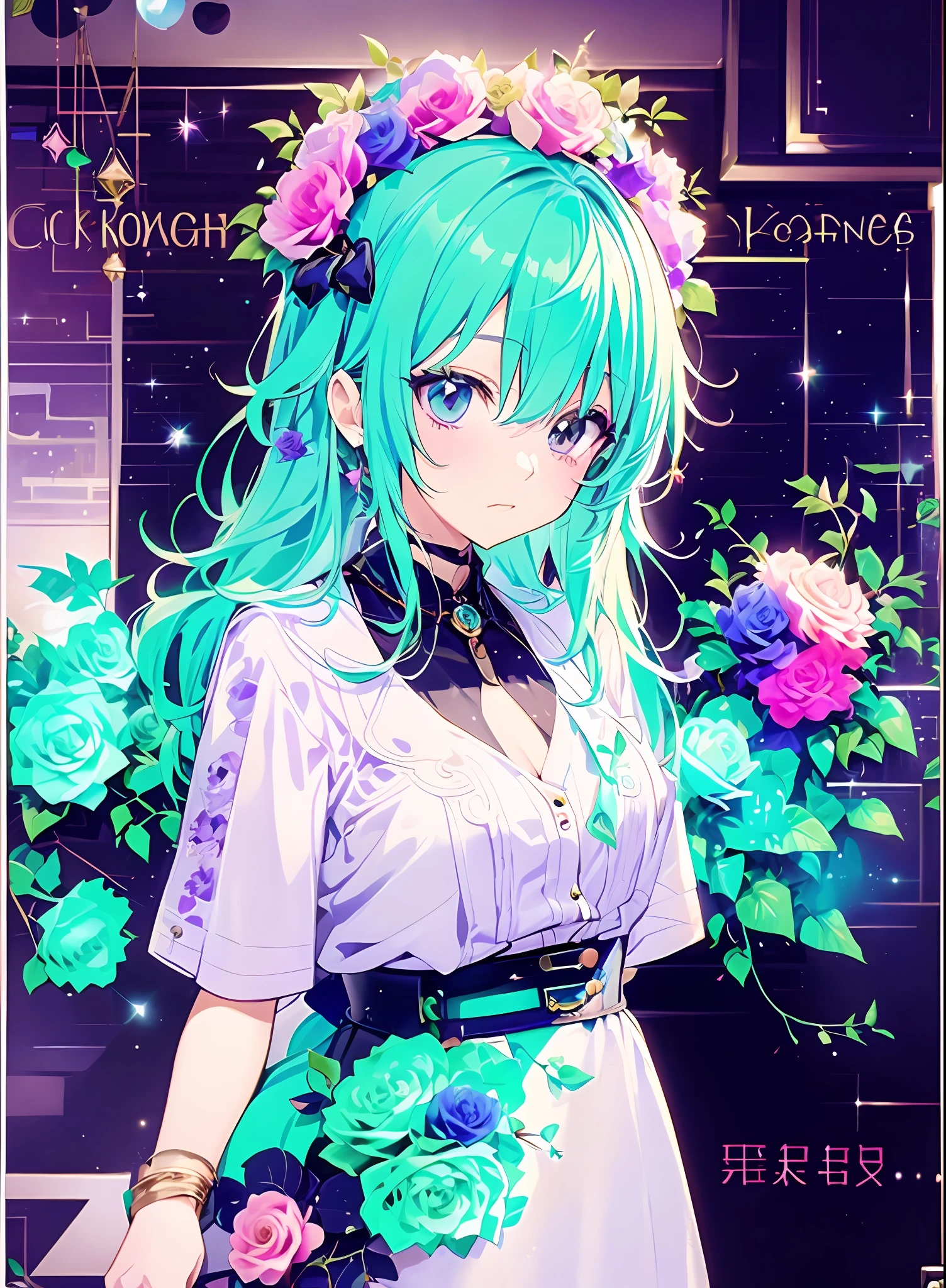 Konmutsuki_gacha_series1, punk_rosette, cute girl, aqua color flowers, full body, elegant flowers background