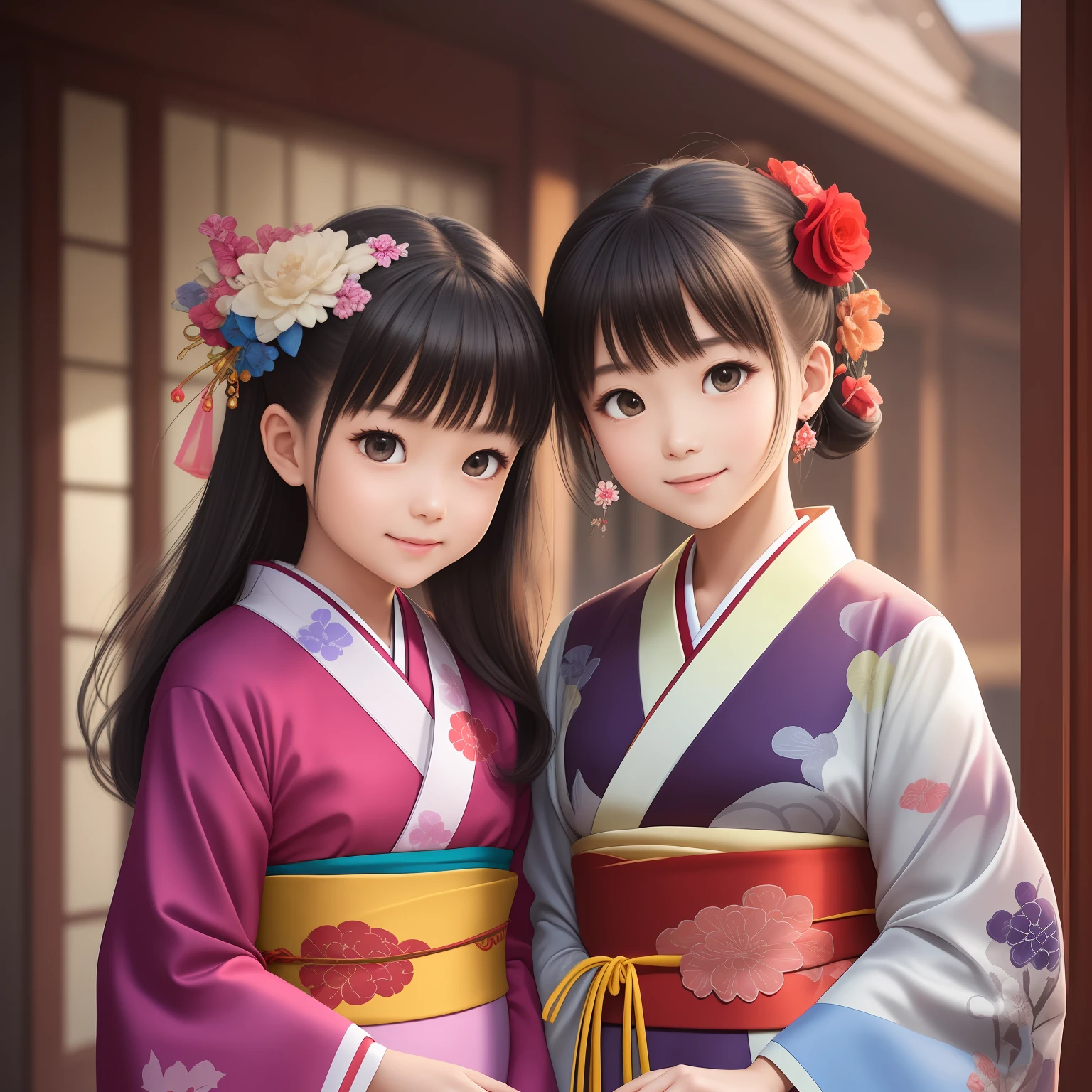A warm, textured image of a cheerful and animated kimono-wearing young woman, showcasing the vibrant hues of her modern kimono, while her older sister, dressed in a flowing dress, remains as traditional. Their vibrant striped kimono is adorned with delicate embroidery and embellishments, adding a delicate touch to their dynamic ensemble. Soft, shallow depth of field is used to isolate their faces, emphasizing their innocence. wide aperture, shallow depth of field, standard lens, studio ghibli style