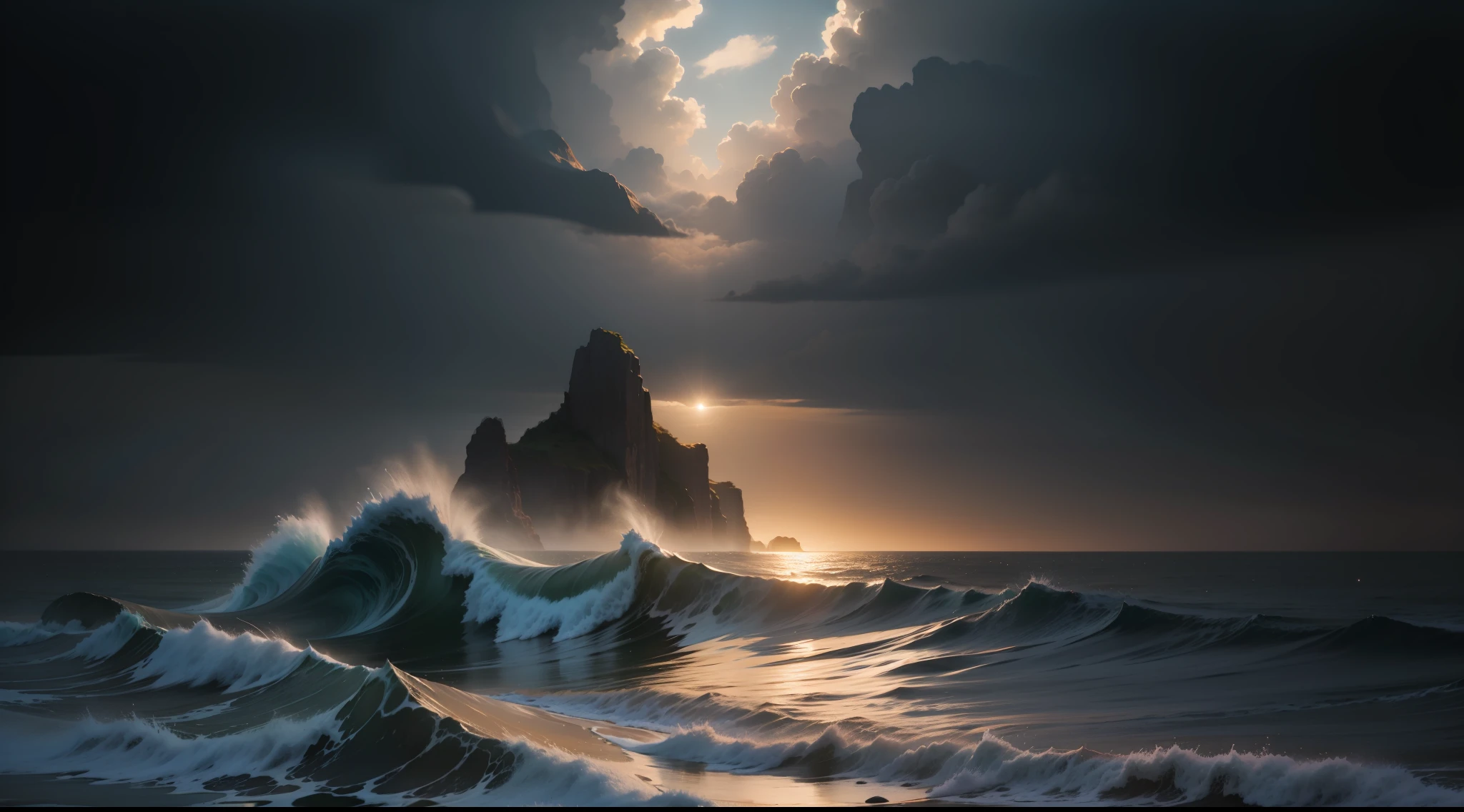 The sea is raging,Black sea,Rocky seaside,The seaside occupies a third of the picture,Clear sky,Central dishwasher,frontal vision,wide angles,ultra-realistic realism,lens flare glow,lightand shade contrast