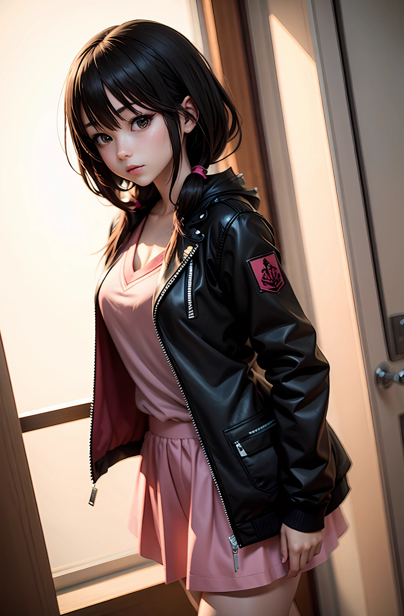 there is a woman with black hair and a black jacket, anime girl cosplay, pink twintail hair and cyan eyes, hyper realistic anime, photorealistic anime, anime. soft lighting, photorealistic anime girl render, anime girl in real life, realistic young anime girl, 3 d anime realistic, anime style mixed with fujifilm, beautiful anime girl, young anime girl, tokisaki kurumi