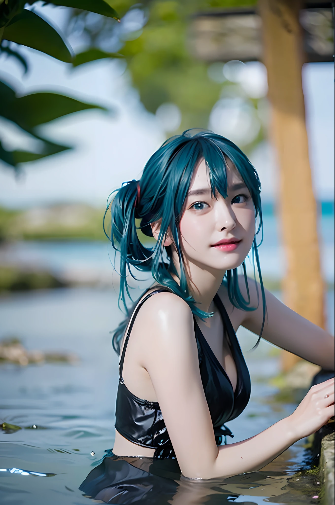 miku hatsune、Standing in the water、In waist-deep water、getting wet、Wet body sweat、Photorealsitic, hight resolution, 1 rapariga, white hair, Korea person, Heterochromia eyes, small moles under eyes, The bikini, large full breasts, Blue-haired、(Blonde mesh)、Beach、plein air、Pigtails straight hair、liquids、Eau、lake、a river、beautiful detailed water、(water dripping:1.4)、