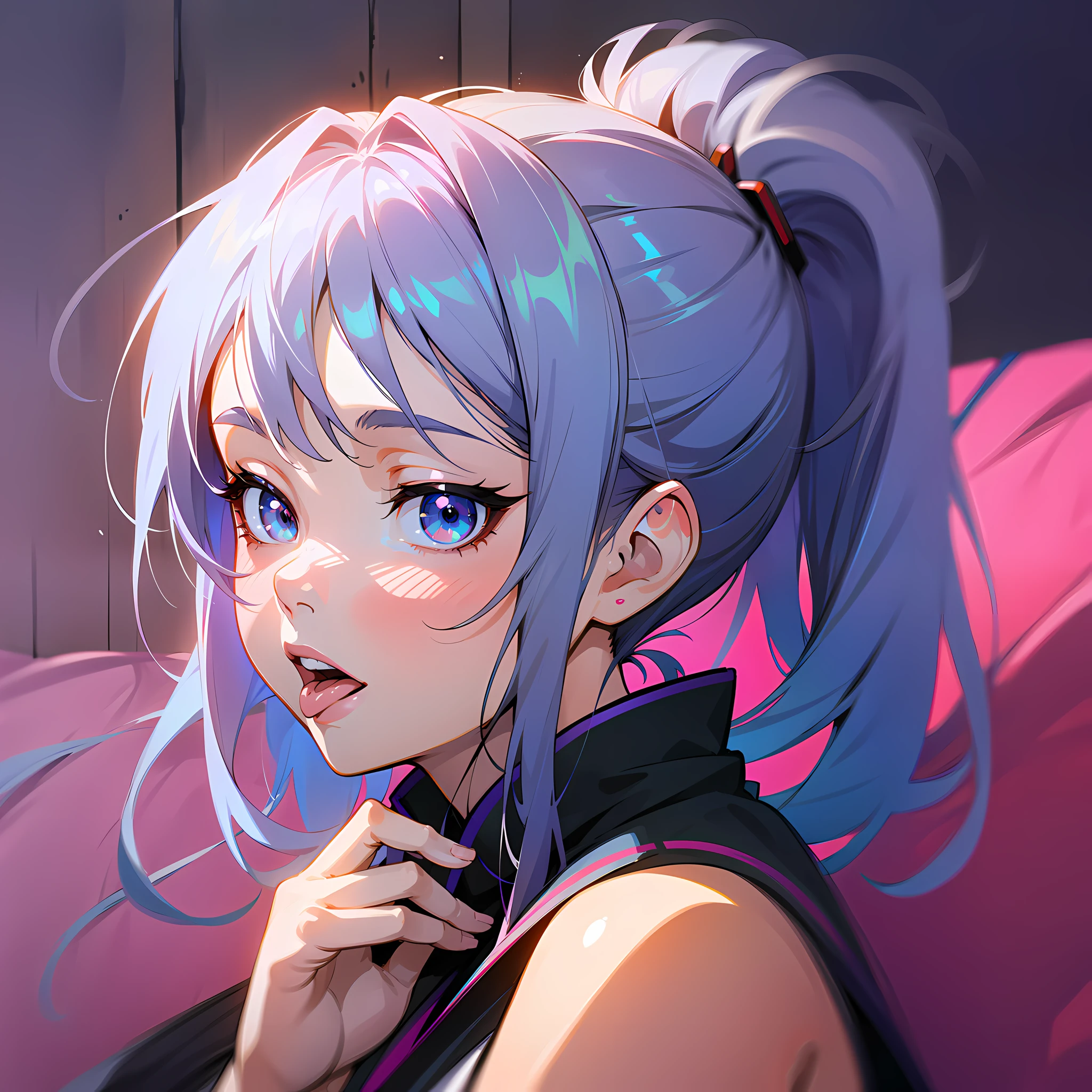 Anime girl with blue hair and ponytail sitting on pink sofa, Extremely detailed Artgerm, ! Dream art germ, anime moe art style, Art germ on ArtStation Pixiv, portrait of jinx from arcane, Style Artgerm, artgerm portrait, style of anime4 K, Art germ. anime illustration, 8K Artgerm bokeh