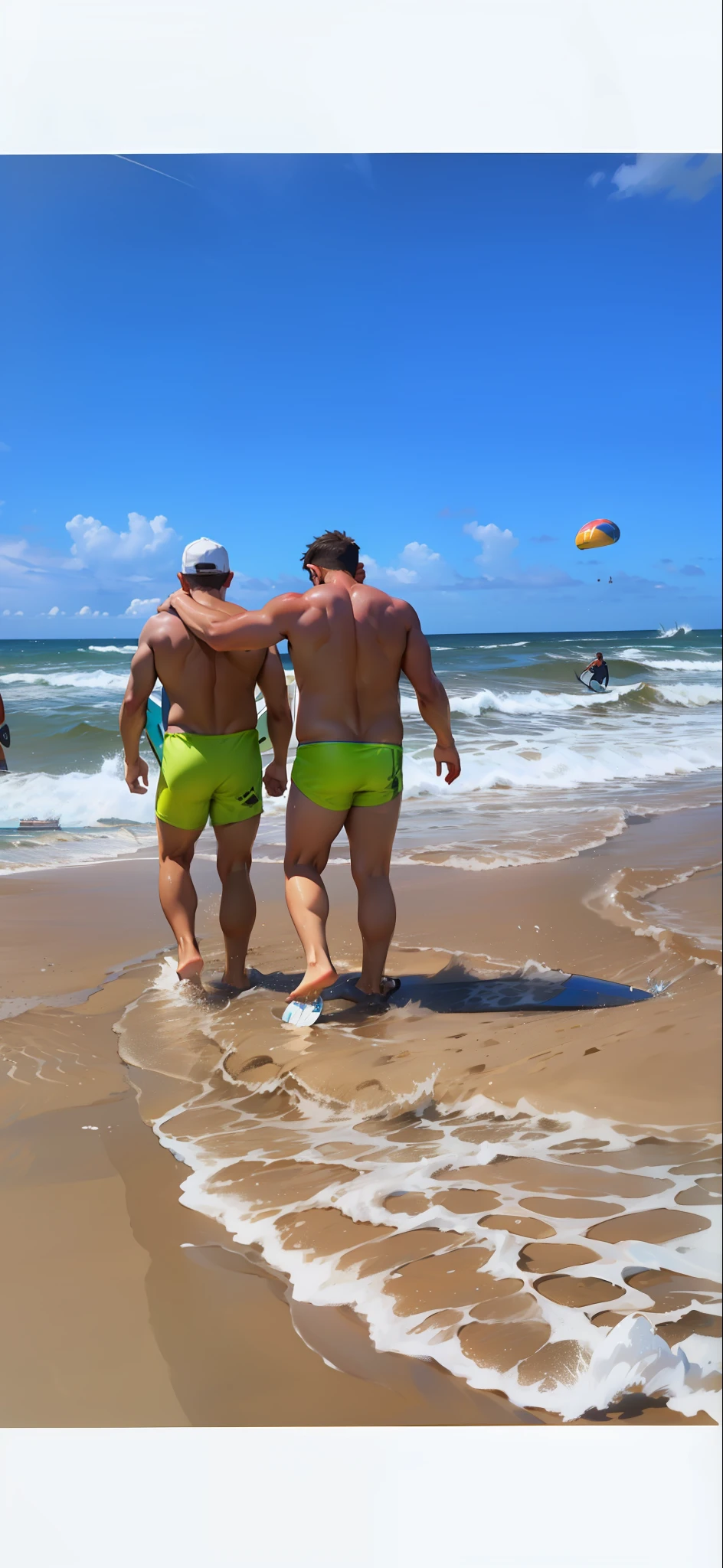 with blue sky and white clouds，sandbeach，swell sea，foamy，water bubbles，surfboard，Fine sandy beach