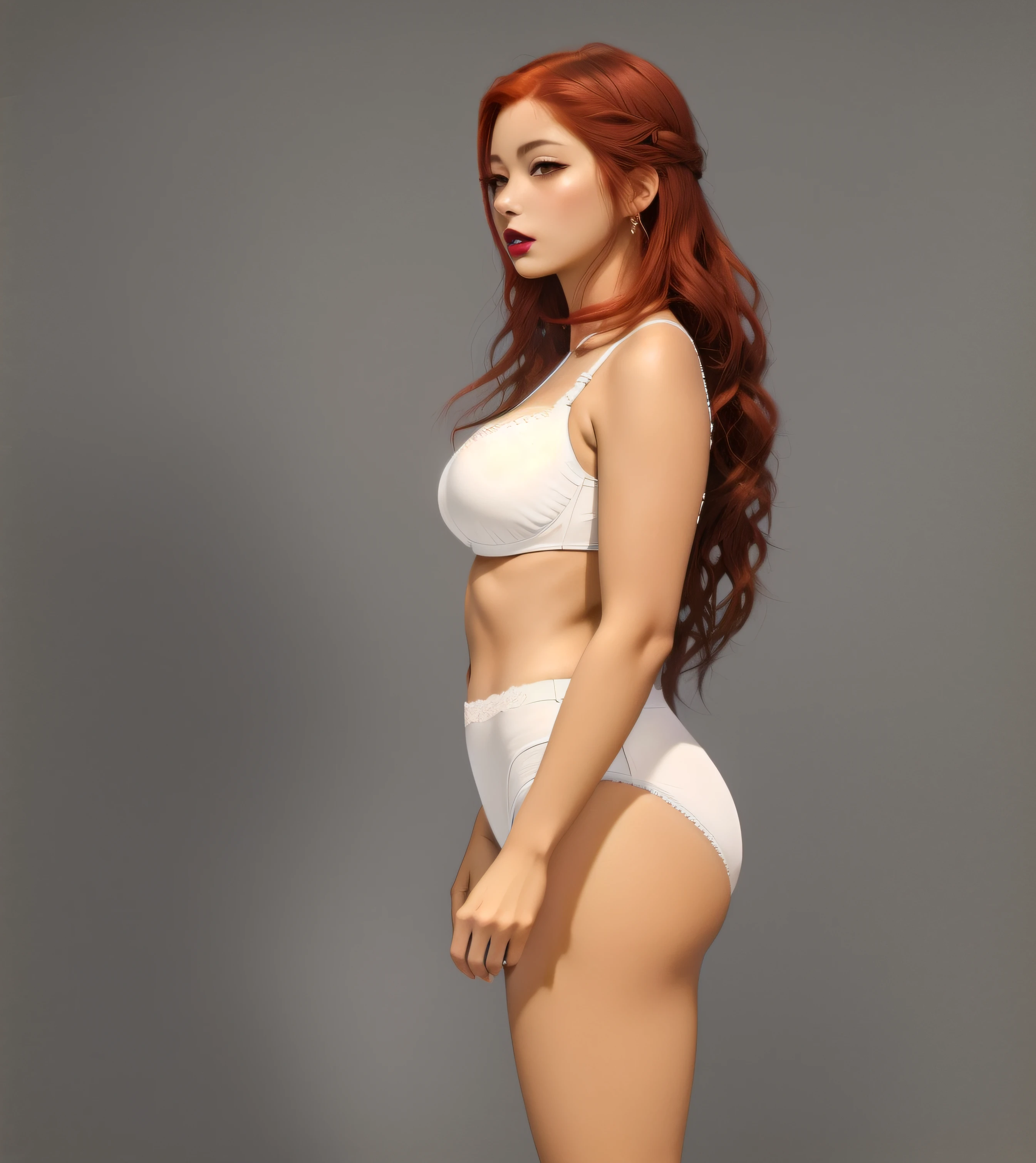 ((masterpiece, best quality)), Curvy Red-haired Latina, white bra, (white french-cut panties), standing in front of grey screen, wearing lipstick, shot from the side, anime art style, intricate details