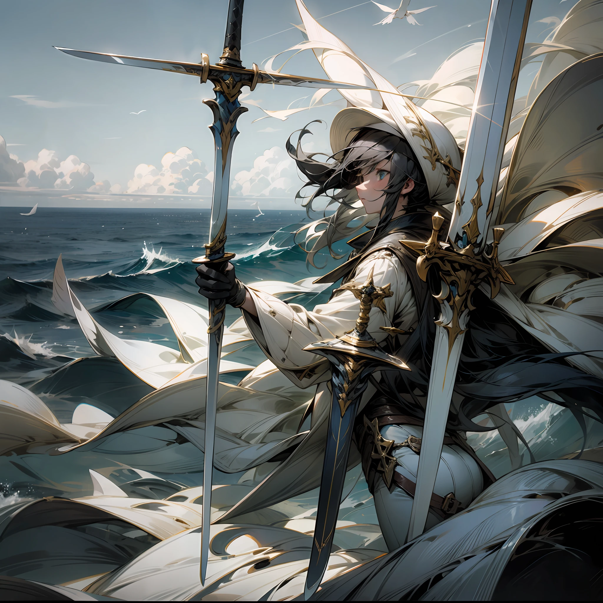 Up，White，the sea，holdingsword，flight