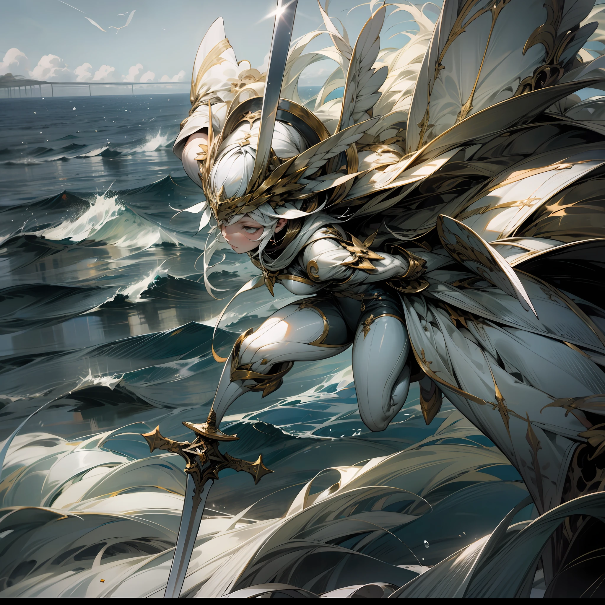 Up，White，the sea，holdingsword，flight