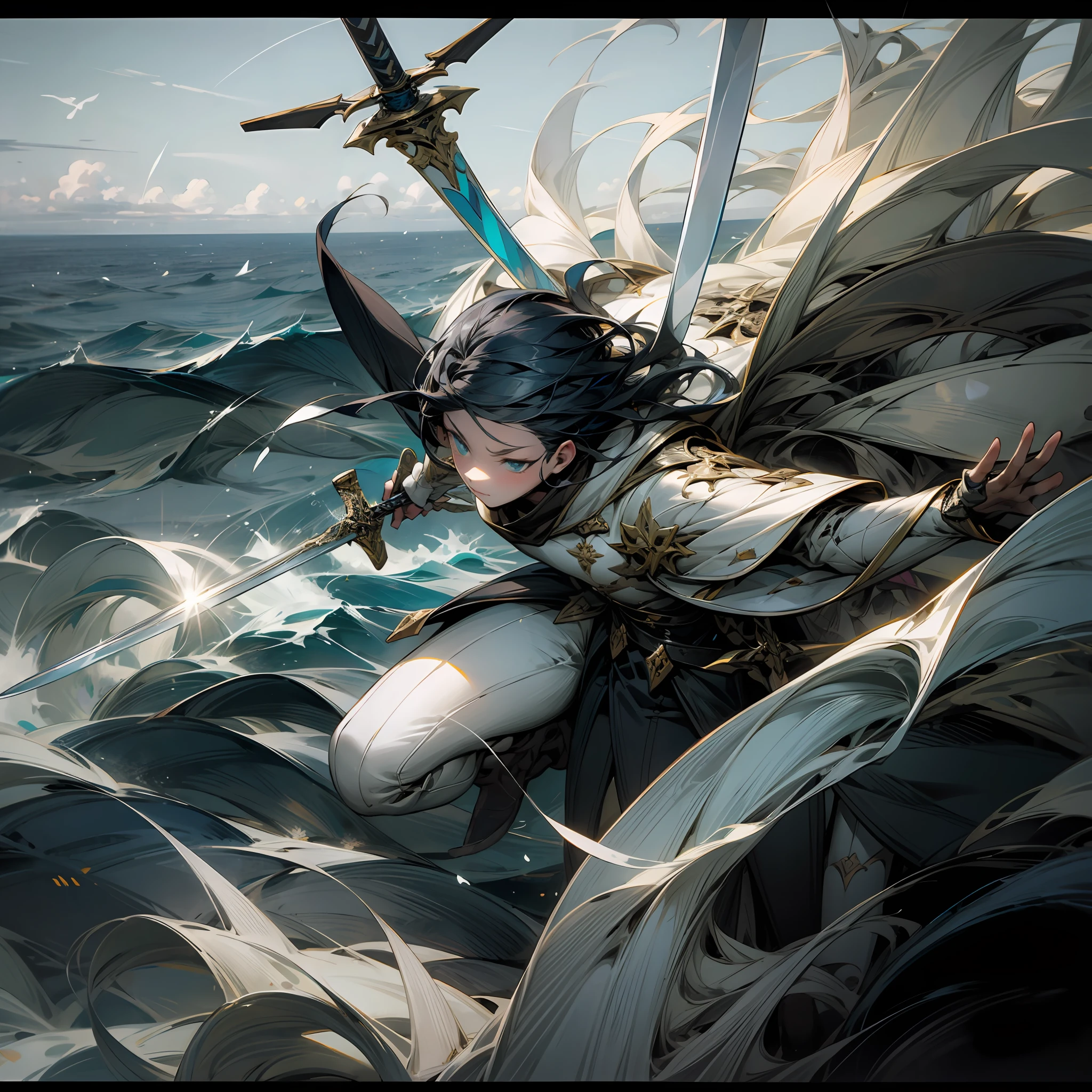 Up,White,the sea,holdingsword,flight