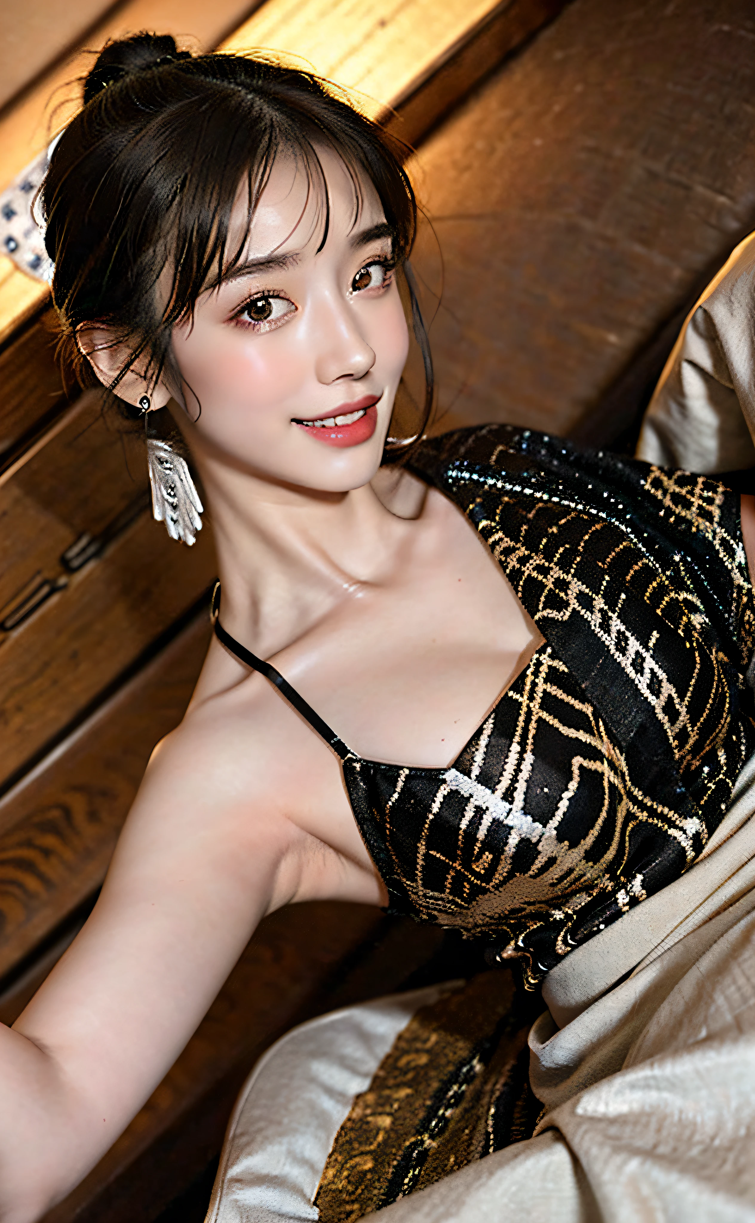 Best quality, masterpiece, detailed skin texture, detailed cloth texture, detailed face, super detail, 8k, intricate detail, 1girl, black hair, bangs, ancient Chinese background, thin, collarbone, headdress, earrings, bun, hair ornament, jewelry necklace, smile, full body photo