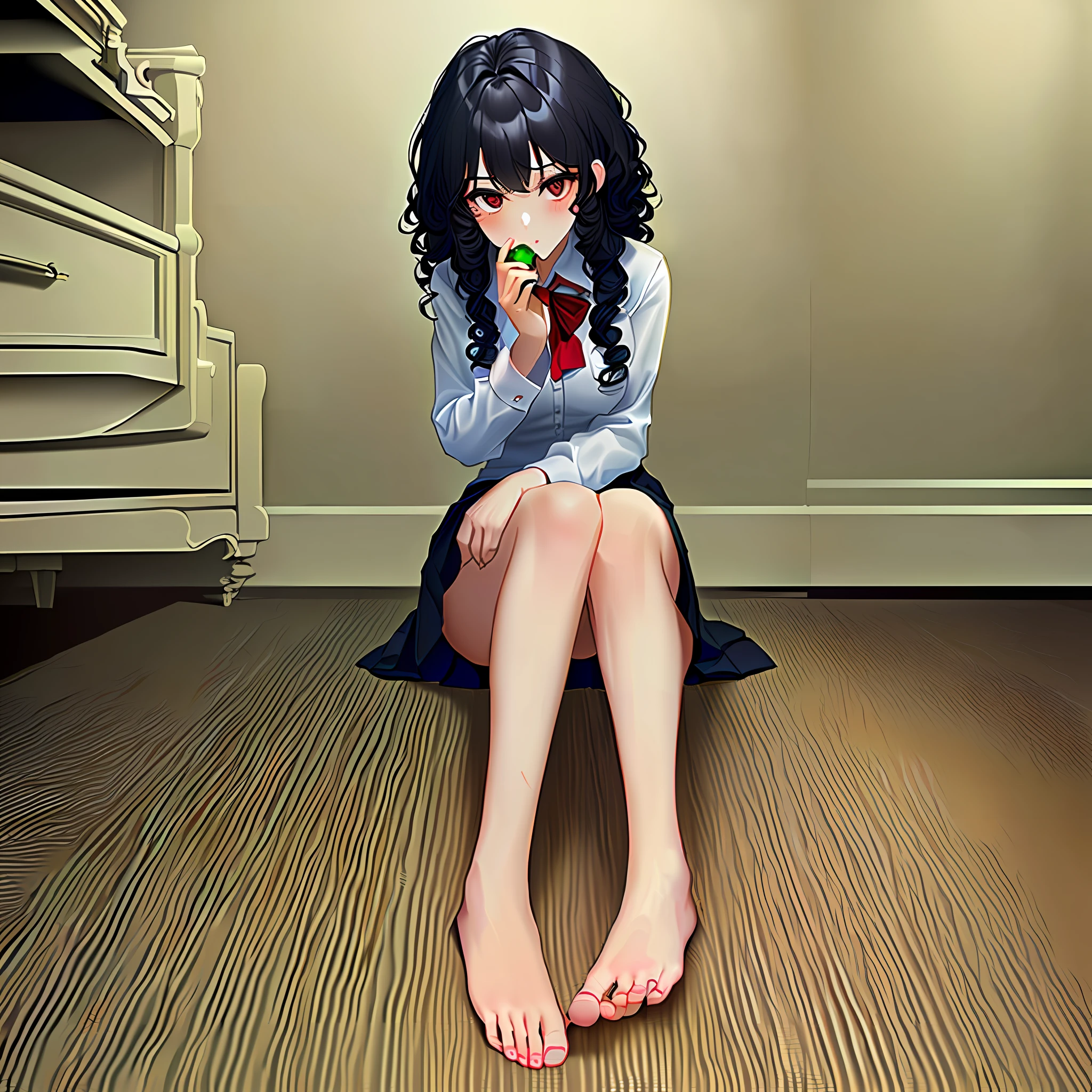 Beautiful woman in school uniform in bedroom barefoot with the soles of her feet facing me looking at me with disgust in her eyes with a banana between her feet Black hair, curly hair, white skin