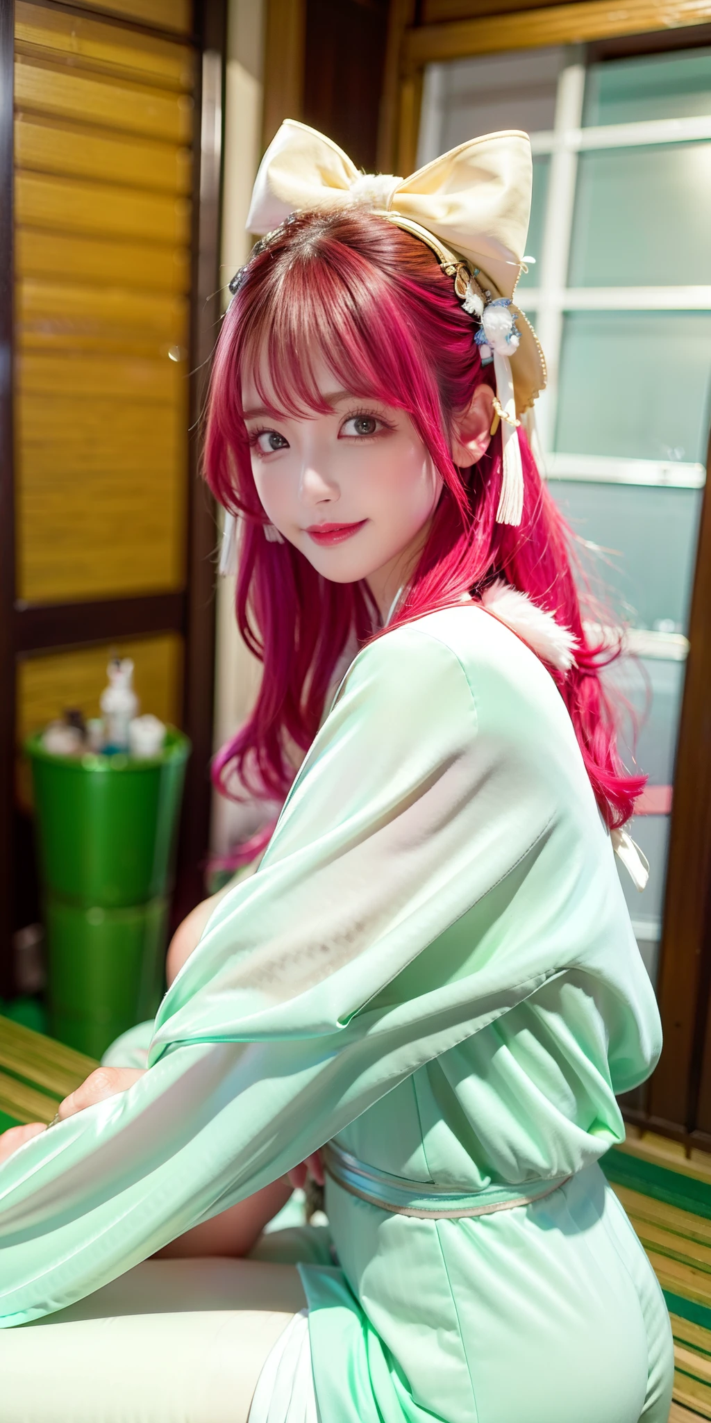 (8k, 4k, best quality, highres:1.2), (maasterpiece, realistic, photo realistic:1.37), 1girl, solo, beautiful face, eyelashes, nose, glossy lips, (detailed eyes, looking at viewer, fair skin, white skin:1.5), fine complexion, upper body,
large breasts, busty, , (:1.5),
outdoor onsen,
two side up, absurdly long hair, blonde hair, pink hair, bangs, hair ornament, bow,
younger, aged down,