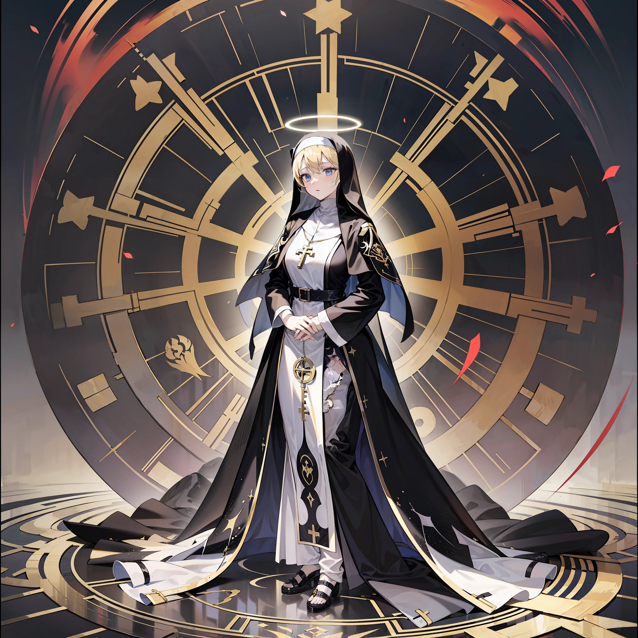 Blurred edge lines,Use dull colors,Single full-body standing painting,Sacred and solemn background,Standing prayer position,lewd nun,Religious atmosphere,There is a halo,Black and white nun dress,The black shawl is decorated with a gold pattern,Bandages of unknown significance,a matural female,offcial art,Optimize human body details,clothing details optimization,Ark of Tomorrow,Detail art,tmasterpiece,best qualtiy, A high resolution,best qualtiy,high qulity,Detailed key anime art,Best anime,8K