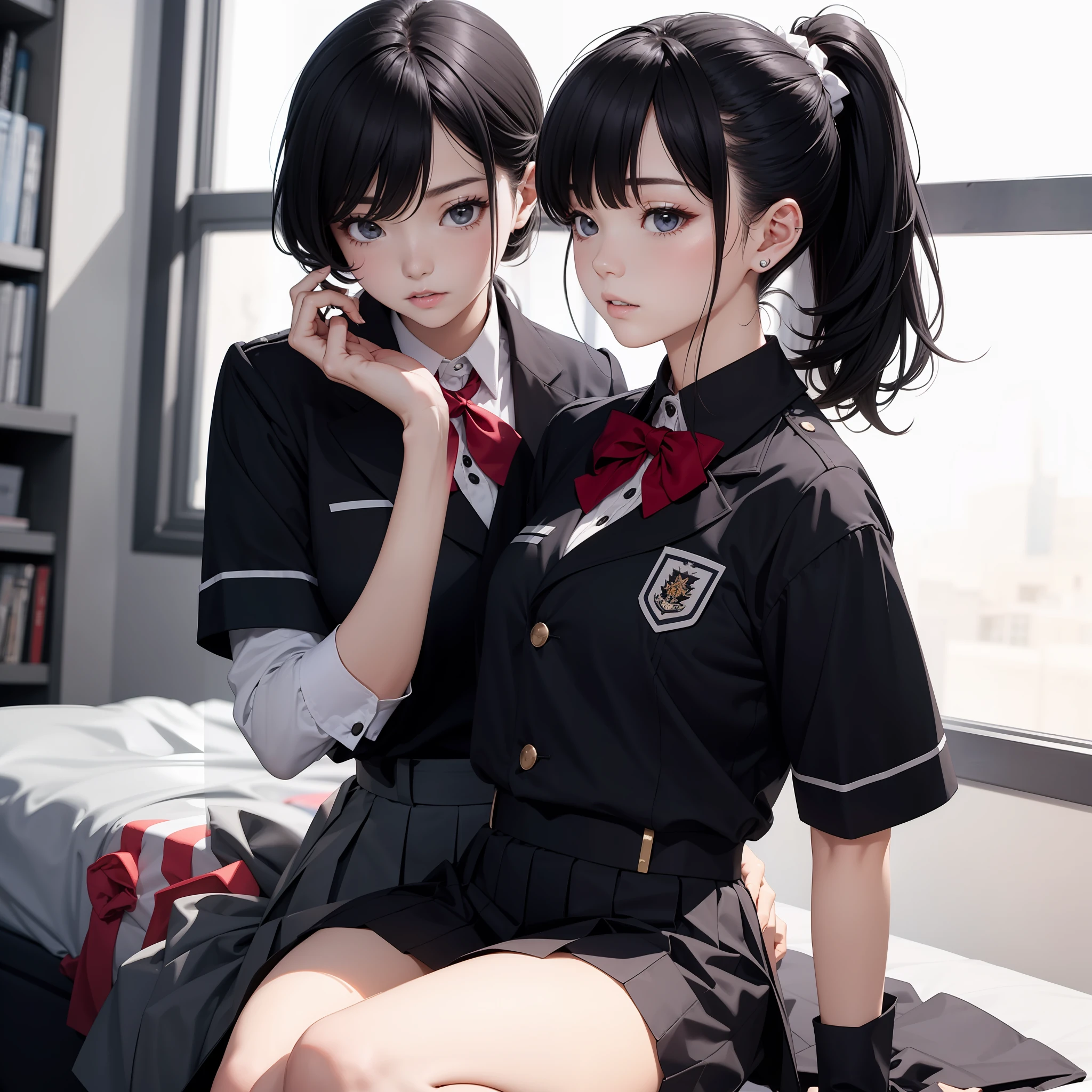 Girls wearing JK uniform black high ponytail --auto