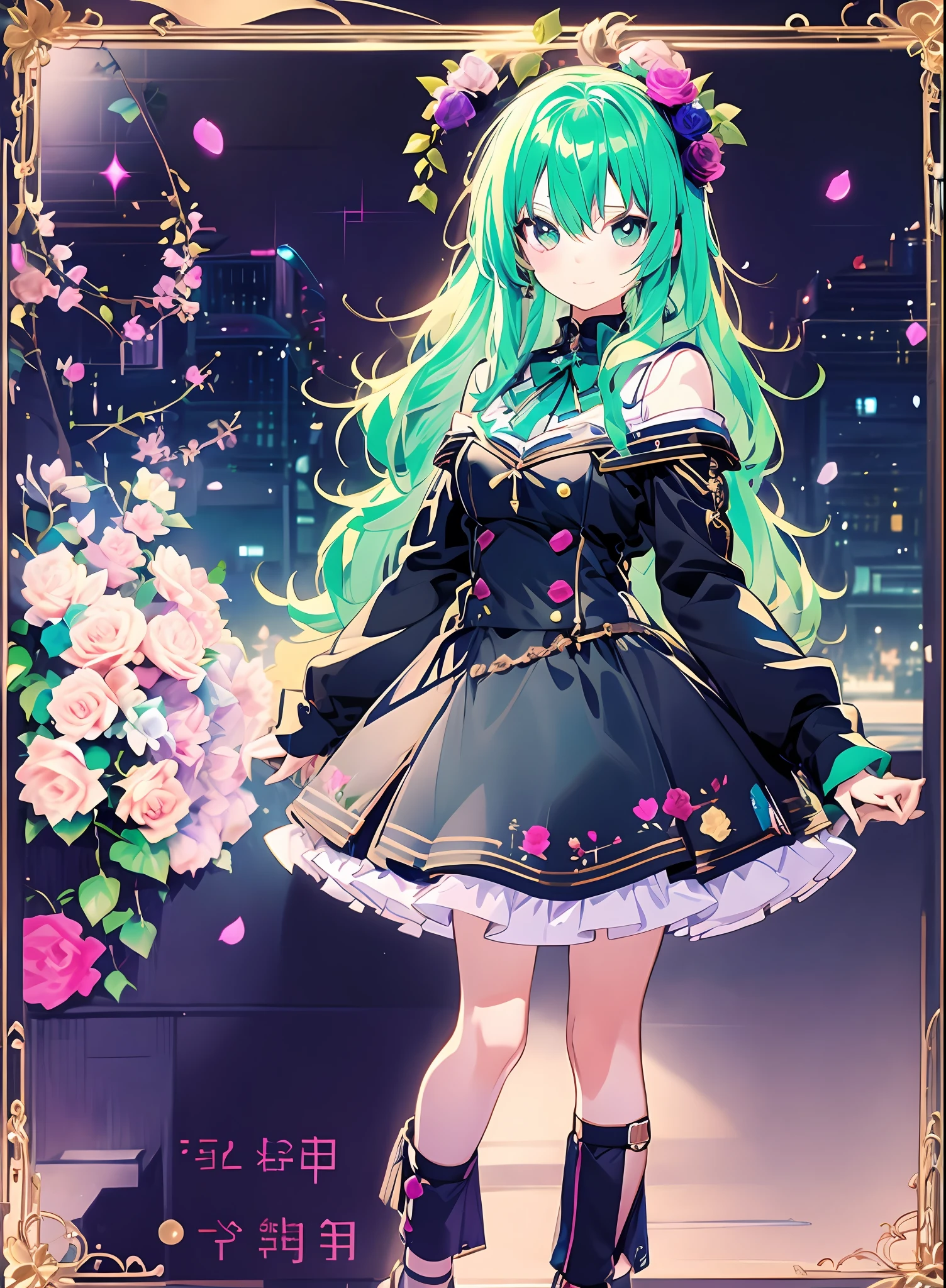 Konmutsuki_gacha_series1, punk_rosette, cute girl, aqua color flowers, full body, elegant flowers background