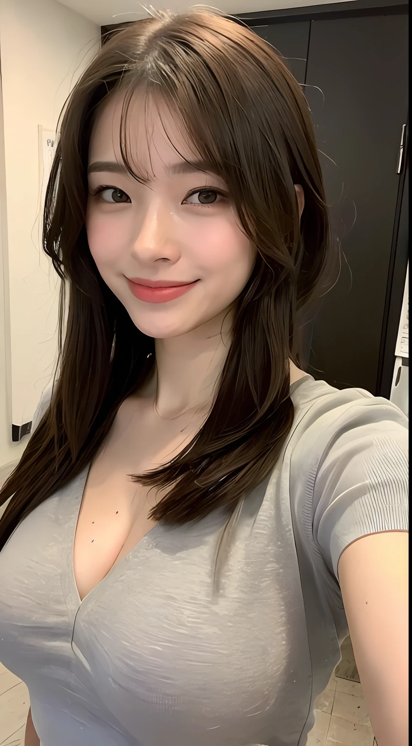 ((Best Picture Quality, 8k, tmasterpiece:1.3)), 1girl, Beautiful woman with slender abs:1.3, (Casual hairstyle, Leaky big breasts:1.20), shift dresses:1.1, Ultra-fine face, A detailed eye, 二重まぶた，ssmile，Home