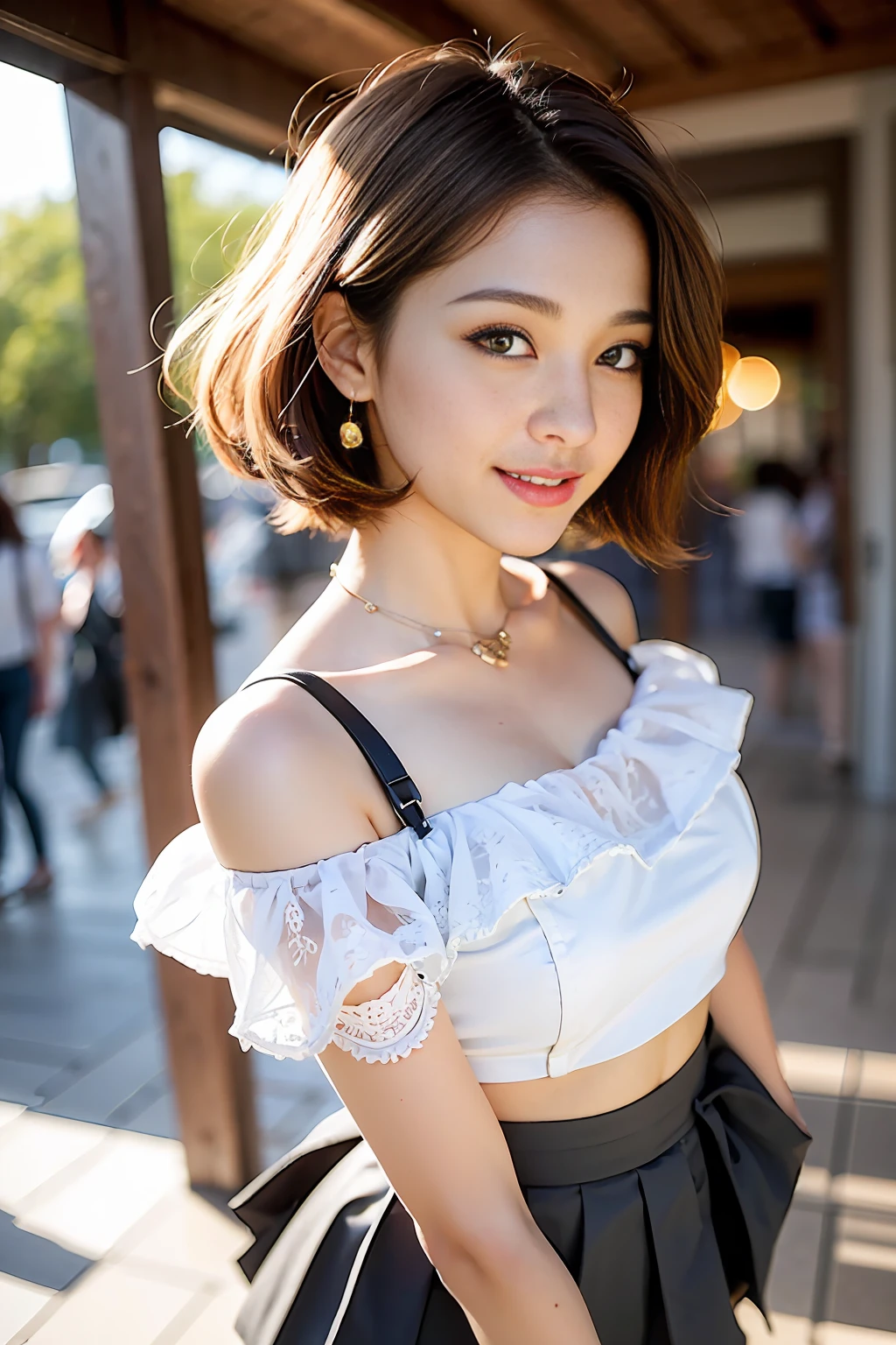 Best Quality, Photorealsitic, masterpiece, 8K, nffsw, 独奏, Ideal ratio body proportions, 1girl in, Big beautiful eyes with double eyelids, faces, 16-year-old ridiculously cute Japan schoolgirl、(Mode type shorthair)、Pink gradient hair, dark-brown eyes, (鎖骨、small round breasts), ((Looking at Viewer)), (looking in camera), (profetional lighting, Bokeh), (Top Angle View:1.3)、extra detailed face, (cute girly fashion:1.5、Ultra low-rise miniskirt:1.5)、(frilld、off shoulders、see -through)、a necklace、Fashionable and trendy atmosphere, Beautiful sandy beaches、((during daytime))、(portlate:1.4)、(innocent smiles)、Floating hair、(light particules、lensflare、Luminous particles:0.6)、(dynamicposes:1.2)、Soft lighting、A dark-haired、is standing、