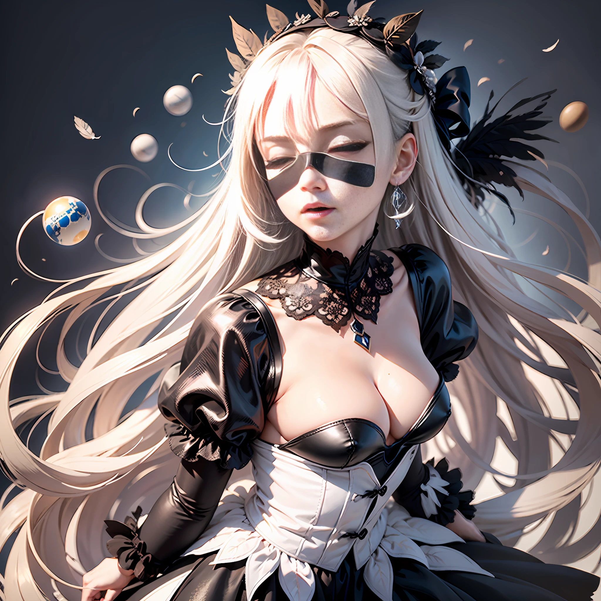 tmasterpiece， Best quality at best， A high resolution， HM2B， white blindfold， covering eyes， Mole under the mouth， clothing cutout， longer sleeves， Puffy sleeves， Juliet sleeves， feather-adorned， white thighhig， black glove， black color dress， a black skirt， exteriors， lakes， build， 废墟， spheres， Overlooking， Mole on the chest，F-cup