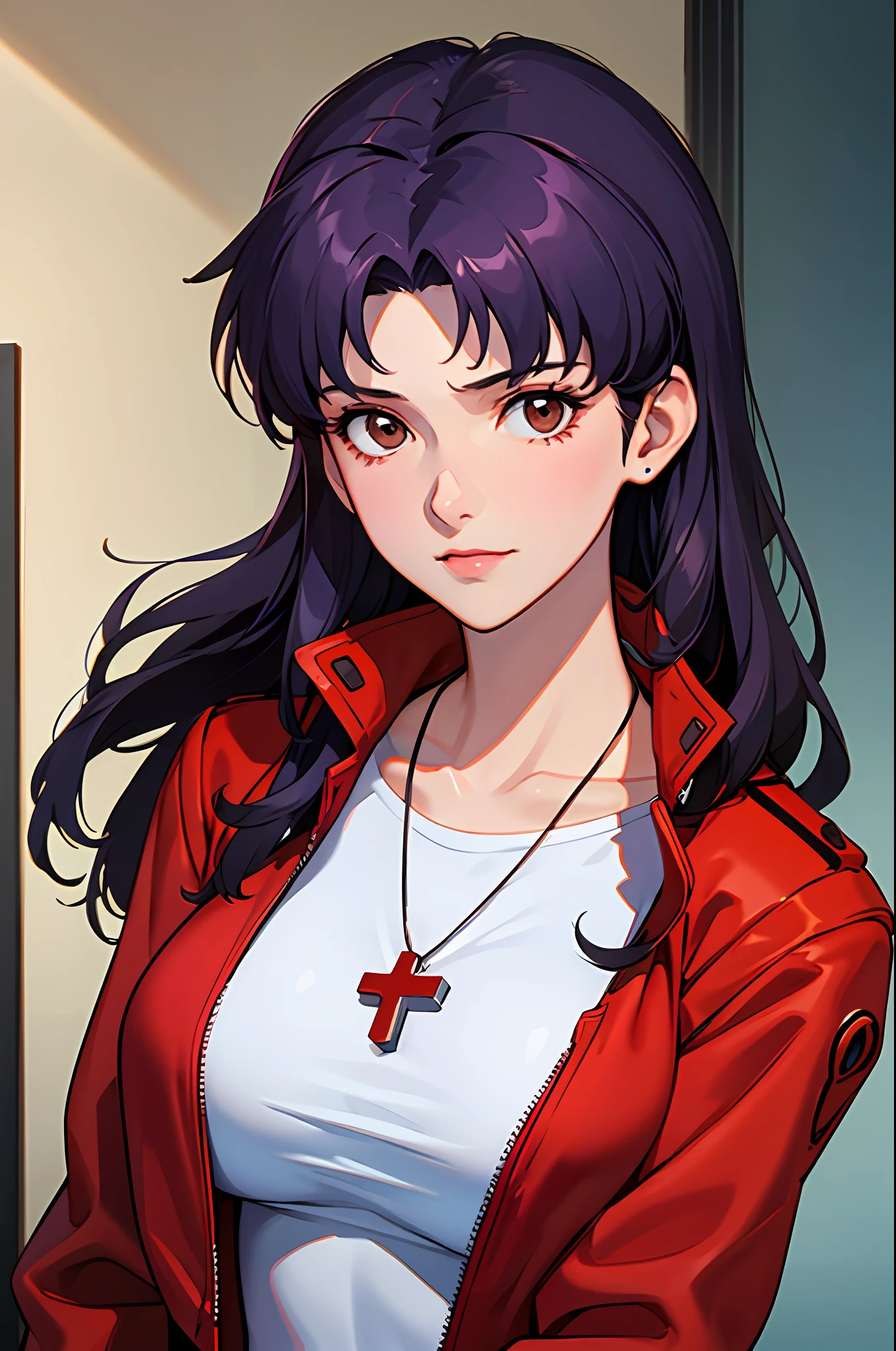 masterpiece, best quality,extremely_detailed_CG_unity_8k_wallpaper,extremely detailed_eyes,,evangelion: 3.0 you can \(not\) redo,1girl, solo,  Katsuragi_Misato, brown eyes,indigo hair,big_breasts, cross_necklace ,red jacket, mature female,aged up,upper body,