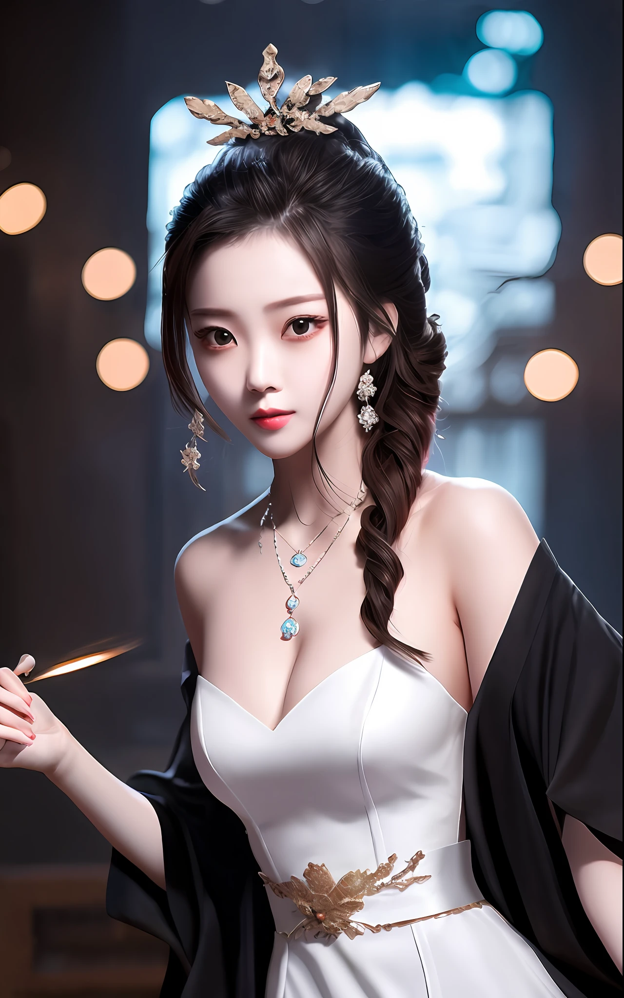 hbest quality,Masterpiece level martial arts style 1girl,Pretty face,With a flattering smile,Star-shaped pupils shine,Wearing exquisite Hanfu,He wears a sumptuous hair ornament on his head、Necklaces and jewelry,The details are heartwarming(highdetailskin:1.2);Photo from her upon_body to go,After the treatment of the Tyndall effect,Realistic display of beauty,The Dark Studio offers eye-catching edge lighting and two-tone lighting,Digital SLR camera is adopted、gentle illumination、Volumetriclighting,8k ultra high definition、High-quality materials make photos come alive and realistic,Present high resolution、4k、8k、Effects such as bokeh,More high quality。