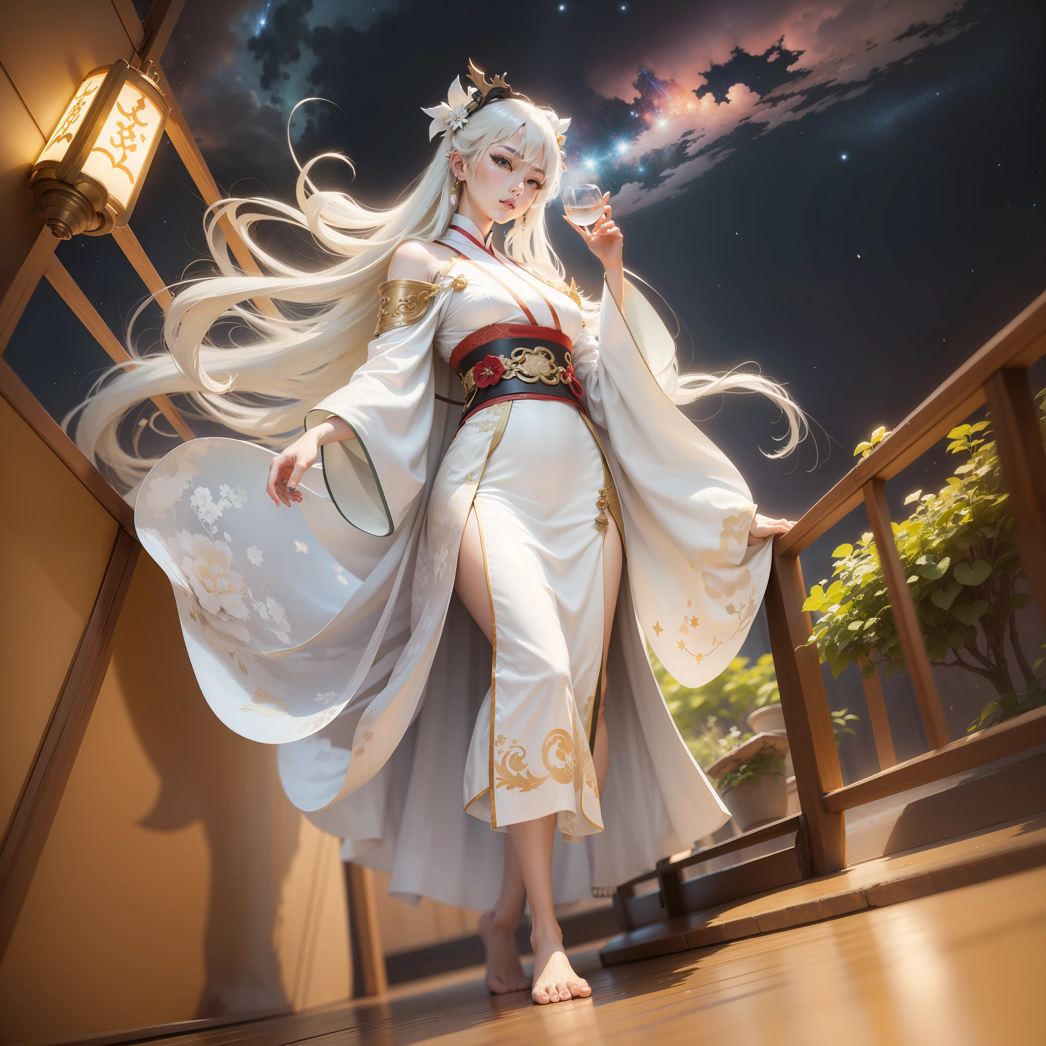 Genshin style，quadratic element，goddes，starryskybackground，White clothes，White hair，the detail，Hanfu，As estrelas，silber hair，The barefoot