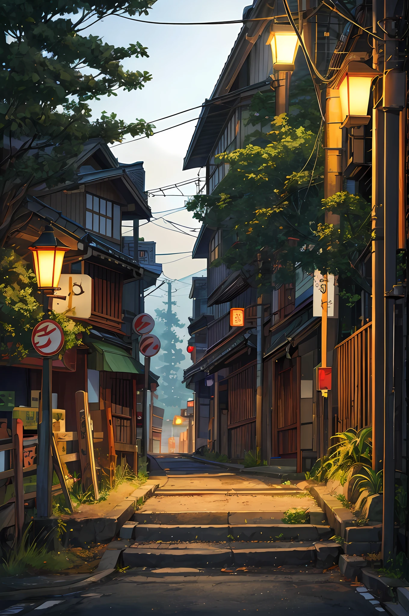 (tmasterpiece,best qualtiy:1.4),lumnious,darkly,Japanese crossing signs,grade crossing,Japan Highway,the trees,green color,((nighttime scene:1.5)),(nightlight:1.3),a plant,narrow road,((the street lights:1.2))rainy days,the night
