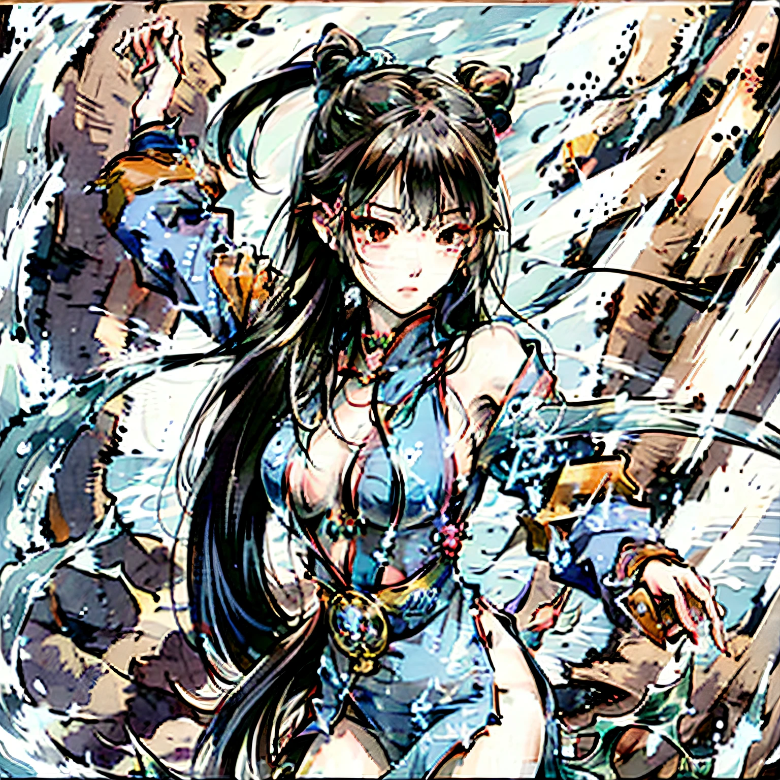 Draw a picture of Chinese kung fu as an element，With the theme of the ocean，Anime with female characters