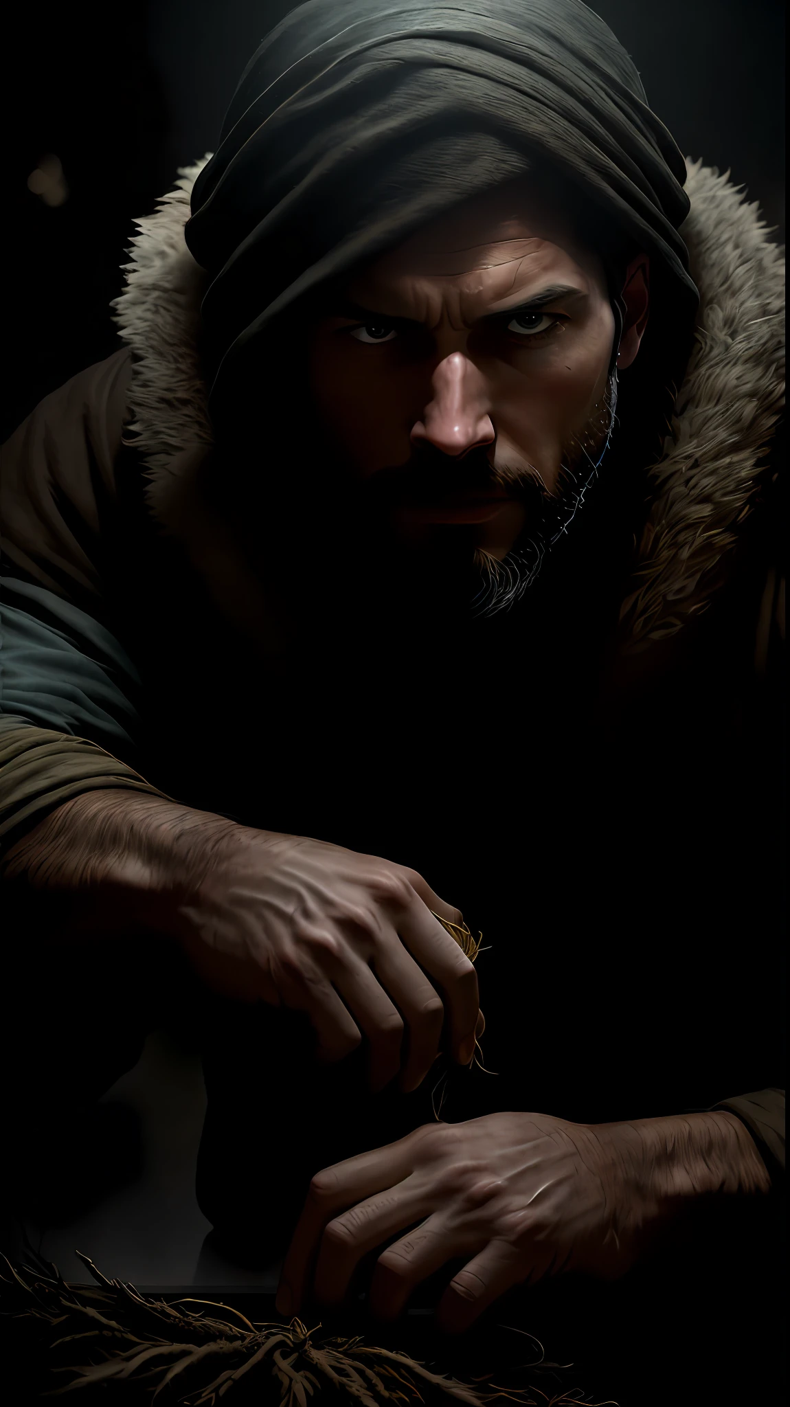 Caucasian white man in his 40s with mysterious hood approaches in profile, giving his right hand, to greet, his face cannot be seen, it is covered by the hood's black, 50 mm, kodak portra 400, photograph by Martin Schoeller , natural light, wearing 70s clothes, natural skin, real skin texture, unreal engine, UE5, cinematic, highly detailed, octane rendered + hyper realistic, Photography