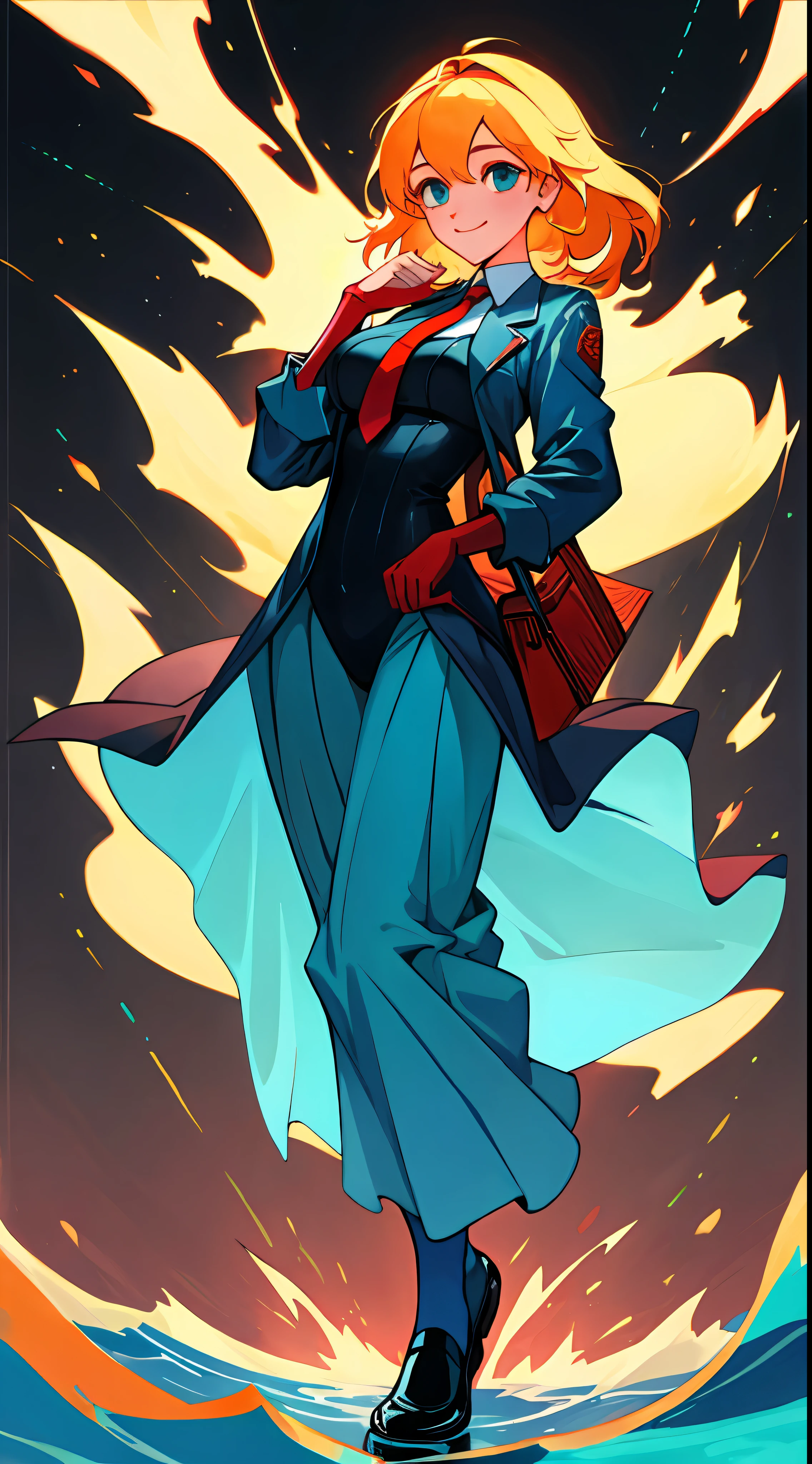 （（ULTRA-DETAILED CG Unity 8k wallpapers，best qualtiy，tmasterpiece）），Extremely Delicately Beautiful，afloat，A high resolution，full bodyesbian [（1 girl），Blue suit long skirt red tie，ssmile，Raise a hand，Holding two books in his arms，Black leather shoes，（exquisite and beautiful eyes：1.1），Dynamic pose，Long shots]：0.8。