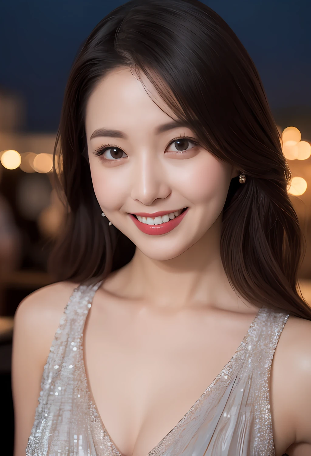 (8k, Best Quality, Masterpiece: 1.2), (Realistic, Realistic: 1.37), Super Detail, 1 Girl, Cute, Single, Midnight, Exquisite Sky, Detailed Cafe, Sitting, Dating, ( red nose), (smile: 1.15), (shut up) small breasts, pretty eyes, flowing hair novaFrogStyle, halter top