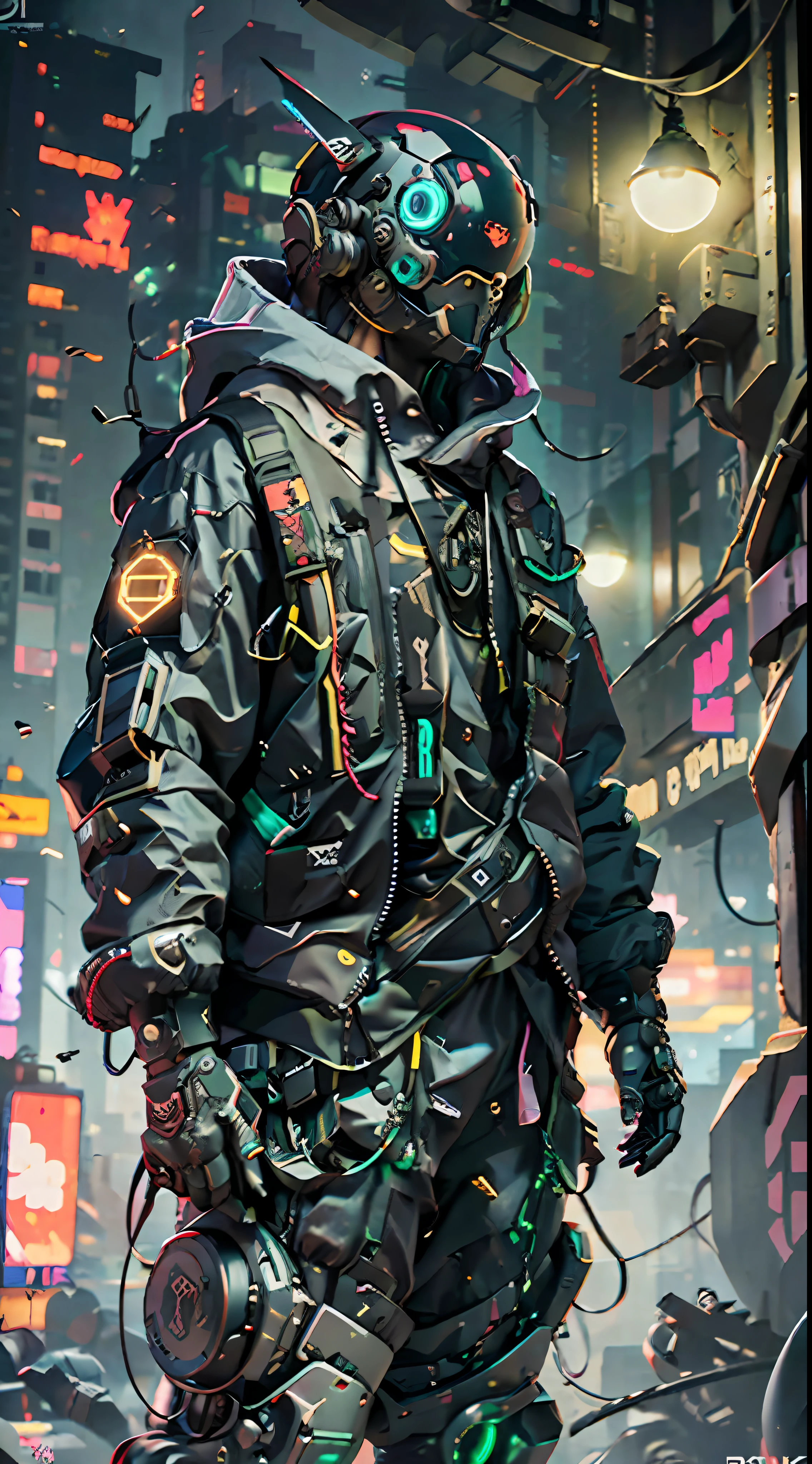 A realistic DSLR photo of a cowboy mecha, wearing a black and green suit with a backpack. The suit is a mix of Cyberpunk asymmetrical Streetwear and oversized Cyberpunk style. The character is in a dangerous, ghetto-like street environment. He is a futuristic cyberpunk soldier or mercenary, with advanced technology including robotic arms and a cyber helmet with a HUD display. The clothing is all black and baggy, with the hood of the hoodie over the cyber helmet. The scene is lit with cinematic lighting and has a futuristic, intimidating feel. The image is rendered in Octane, at 4k resolution, with Maya and Substance used in the creation process.