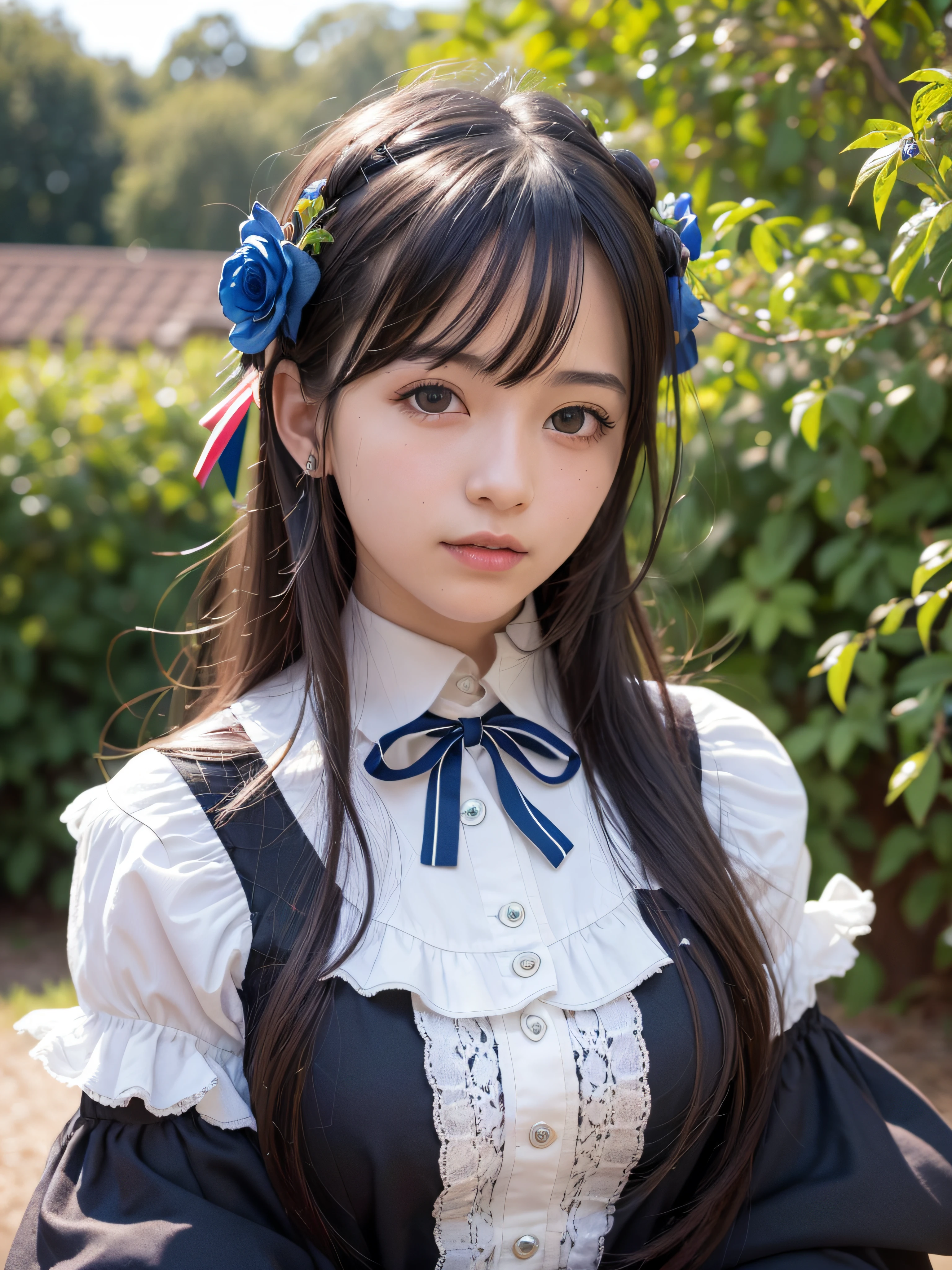 (realistic, photo realistic:1.37), incredibly absurdres, (insanely detailed:1.3), 8k, (masterpiece), (best quality:1.4), (ultra high res:1.2), (raw photo:1.2), (unity 8k wallpaper), 1 nogizaka girl, utterly cute, (bishojo:1.35), (:1.4), ((alice and the pirates fashion)), delicate detailed beautiful dress, hair accessory with blue rose, an exquisitely detailed and beautiful face and eyes and skin, detailed black shine hair, smile at the camera, cowboy shot, gardens of petit trianon, farmhouse, ultra detailed background, professional lighting